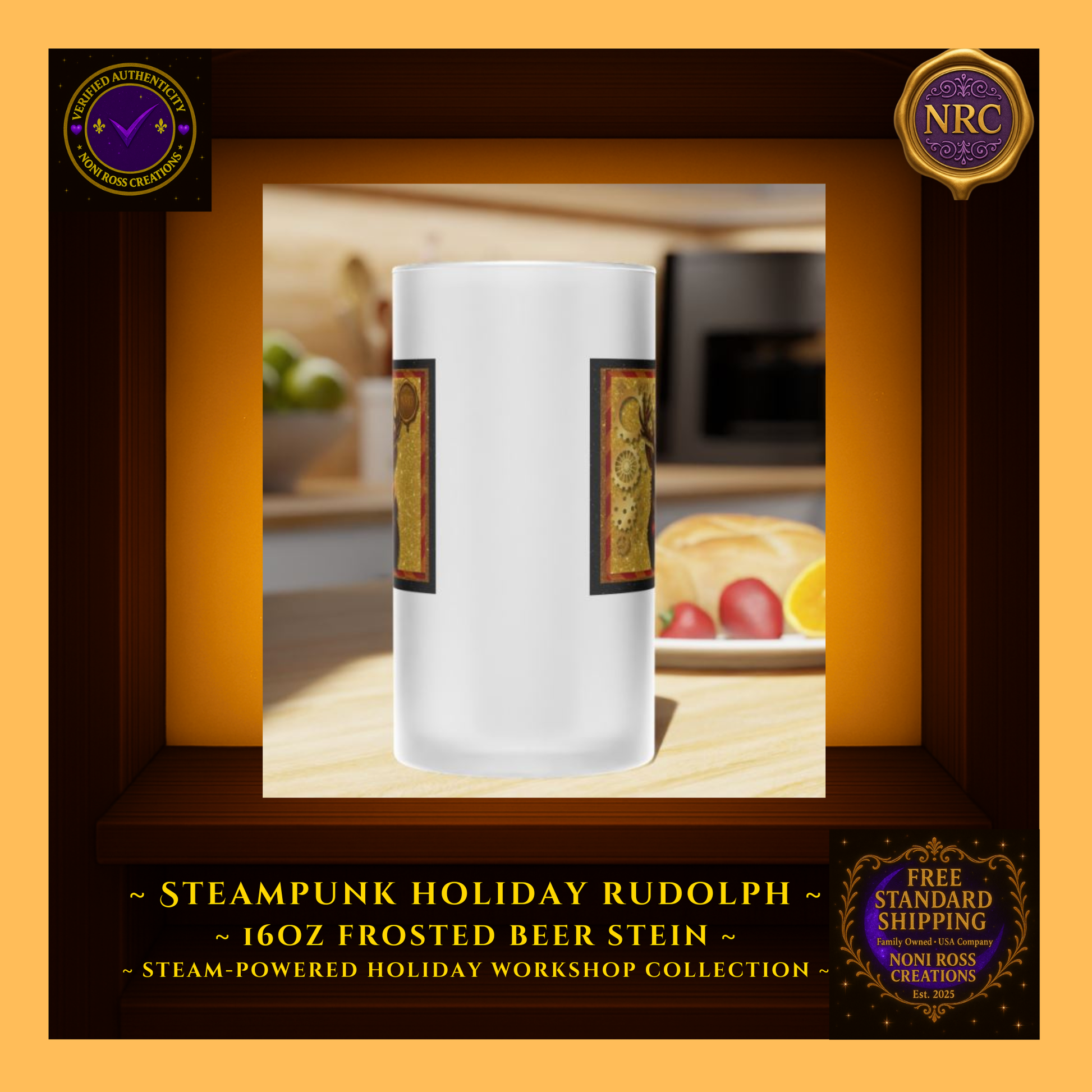 16oz Rudolph stein filled with amber drink beside cookies and ribbon, cozy Christmas vignette.