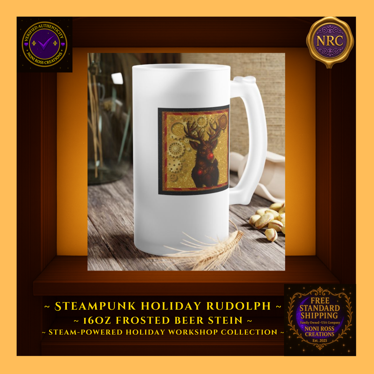 Left-side profile of Rudolph stein highlighting edge of artwork and classic D-handle.