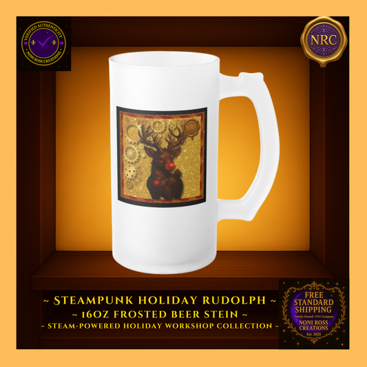 Steampunk Rudolph 16oz frosted beer stein with glowing red nose and gold gear accents — Noni Ross Creations.