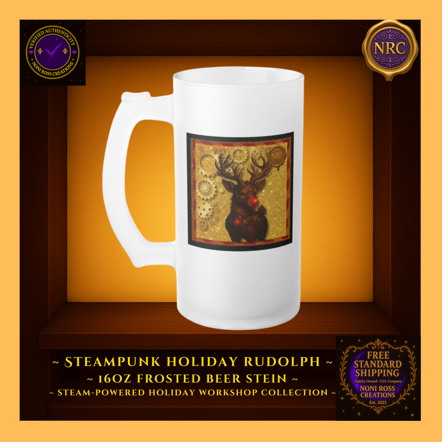 Right-side view of frosted stein with gear details and vintage red-gold tones.