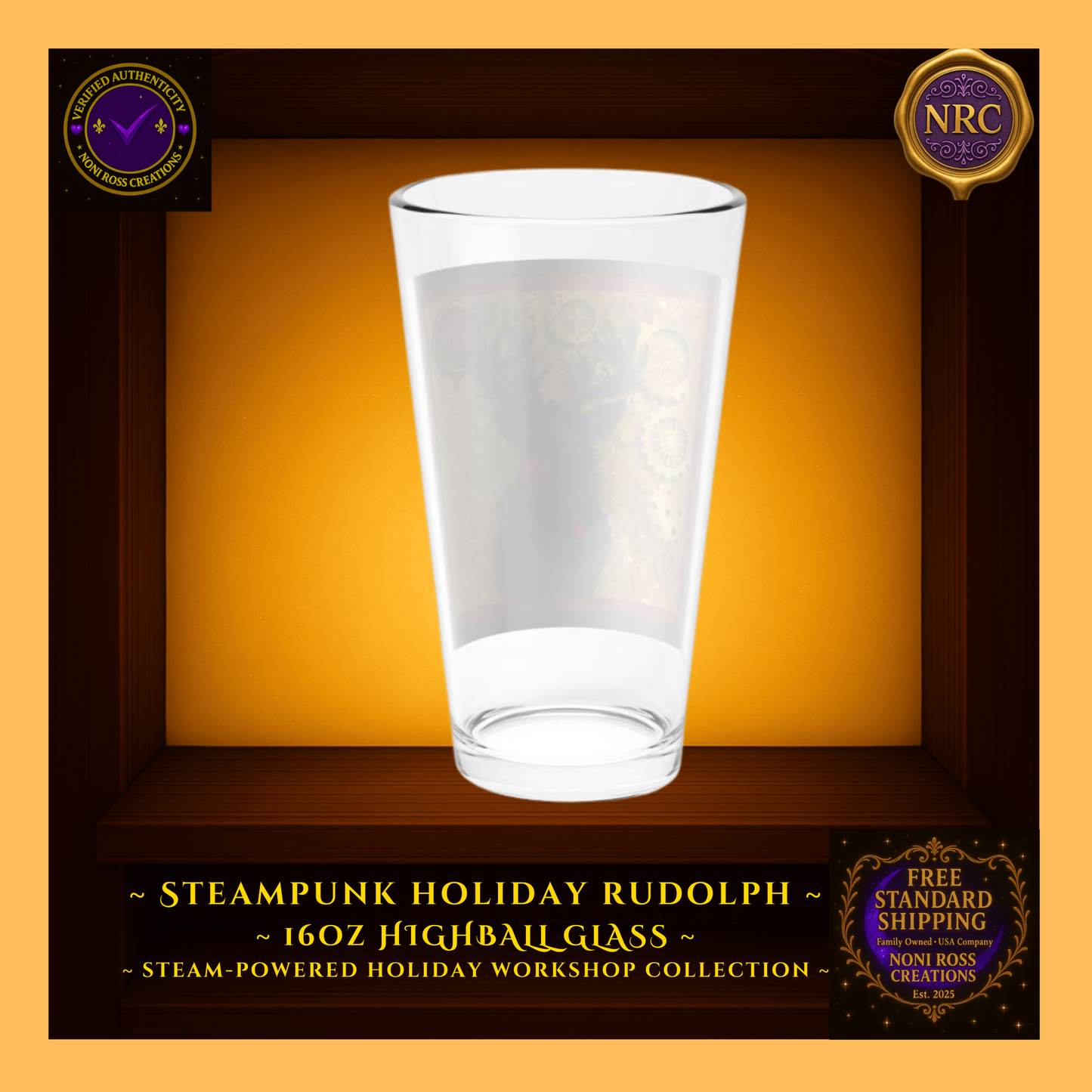Back view of Rudolph highball glass showing artwork continuity and smooth clear finish.