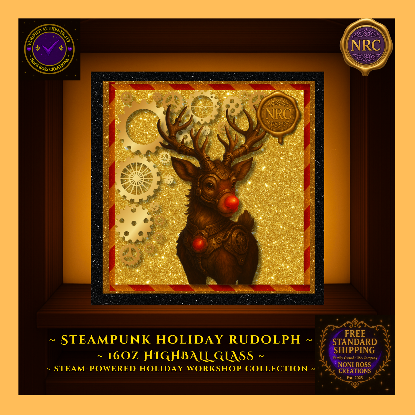 Close-up of Rudolph graphic with bright red nose and intricate brass gears; crisp print on clear highball glass.