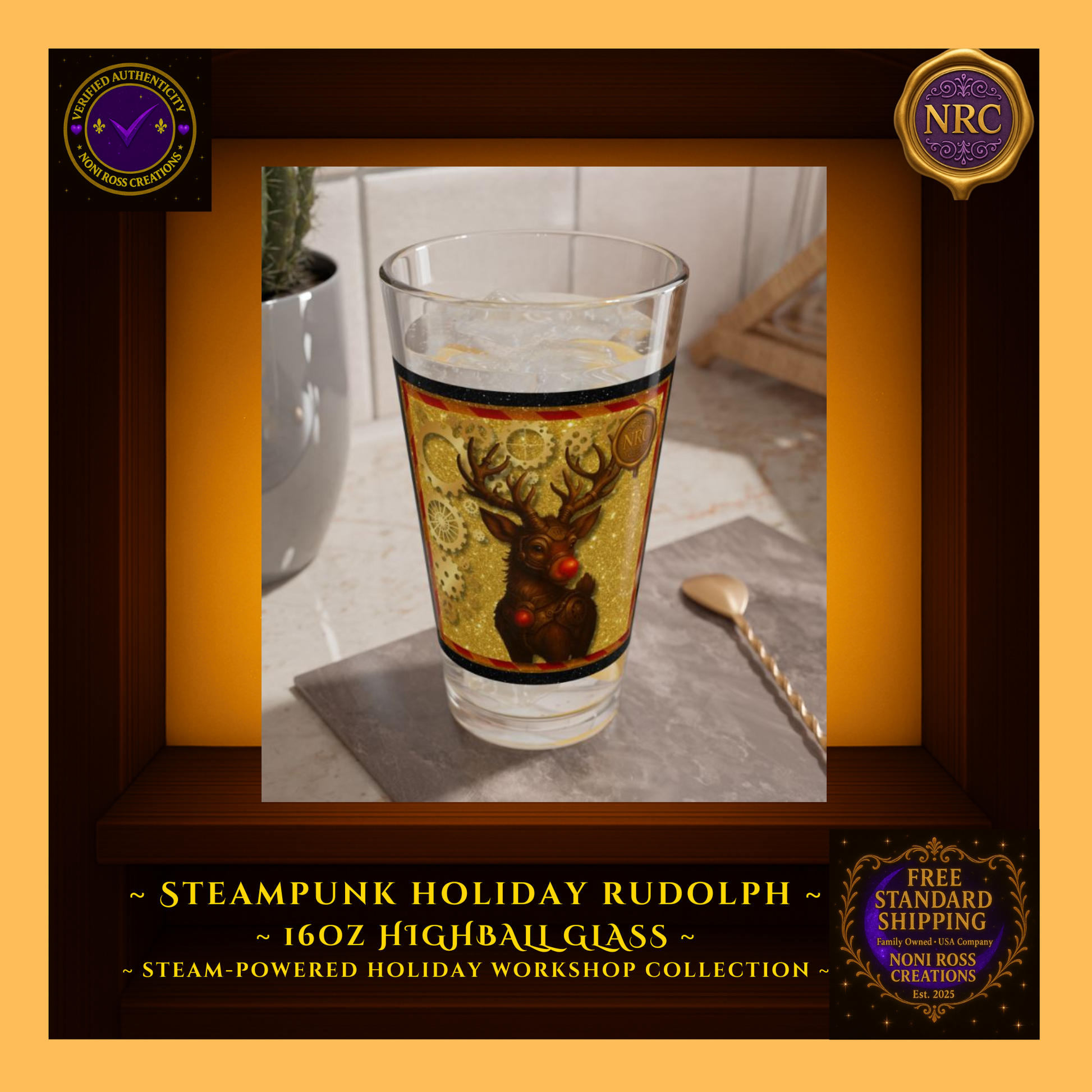 16oz Rudolph highball filled with a festive drink beside cookies and garland—gift-ready collectible display.