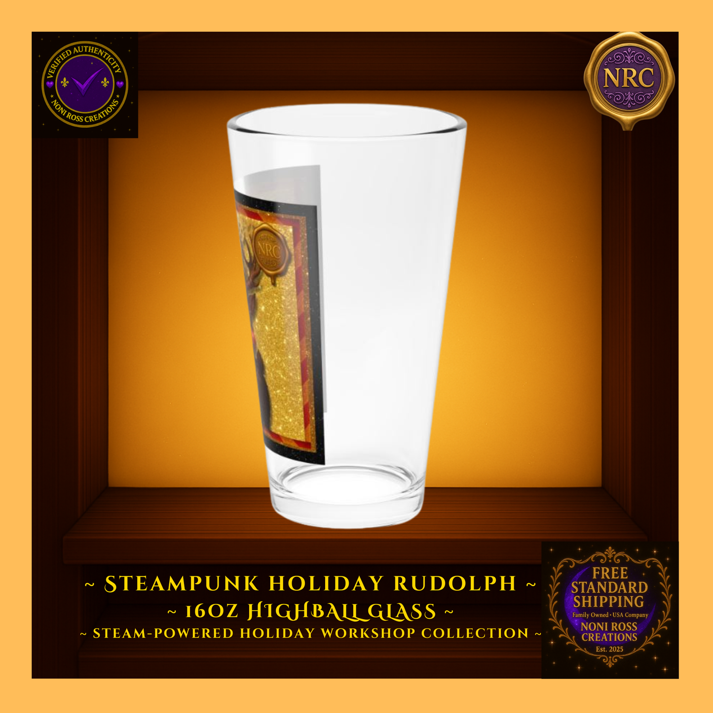 Left-side view of Rudolph highball glass showing wrap artwork edge and metallic cog details on clear glass.