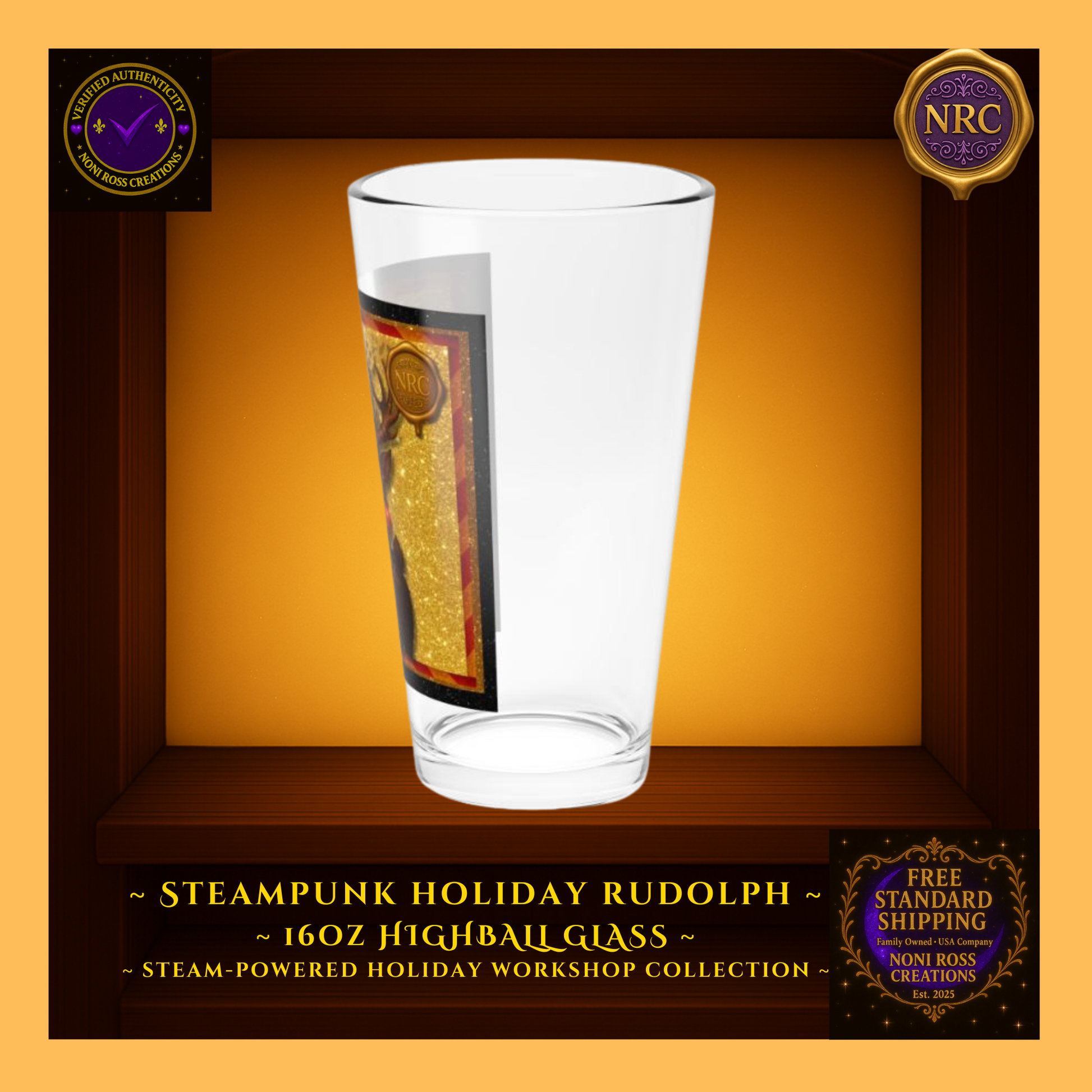 Left-side view of Rudolph highball glass showing wrap artwork edge and metallic cog details on clear glass.