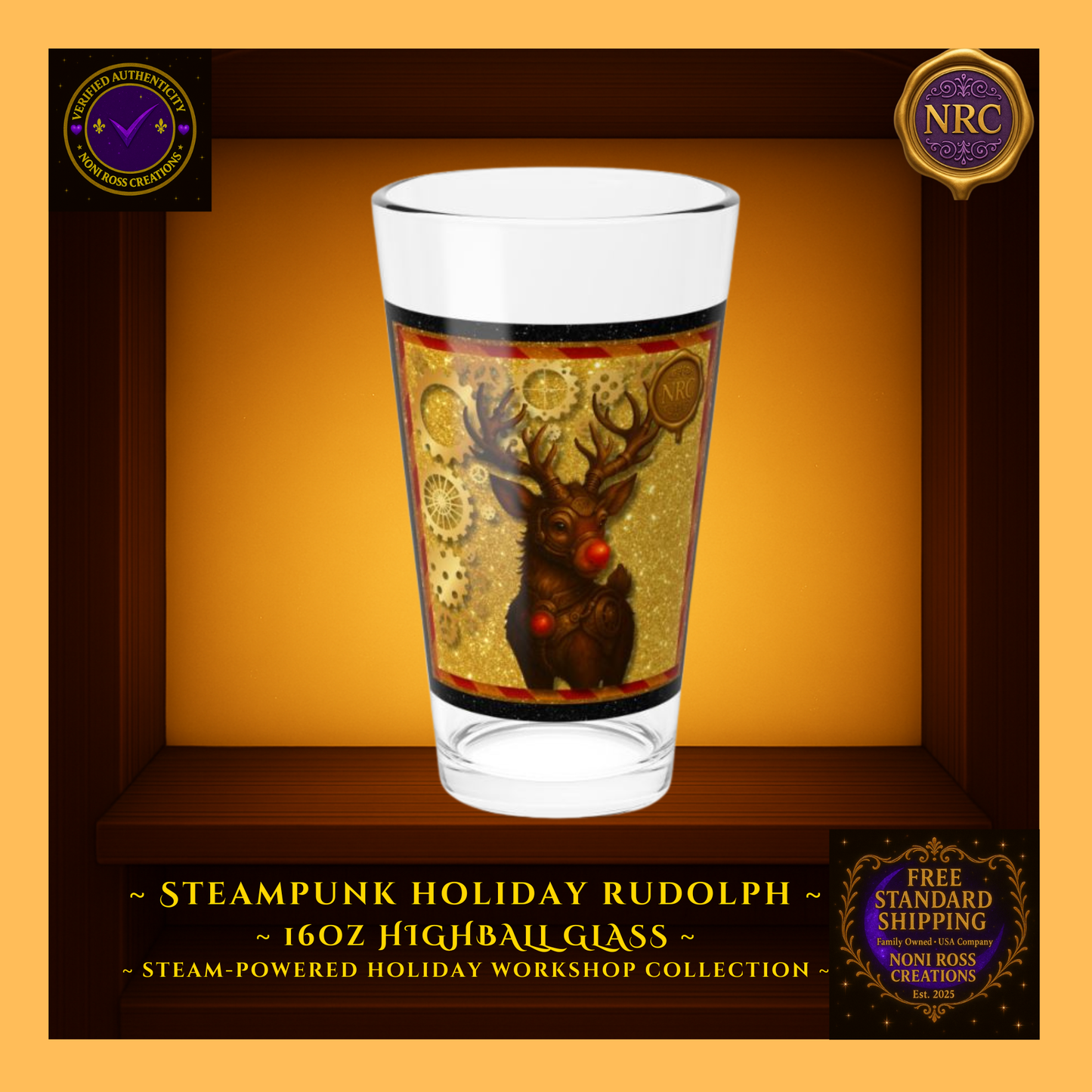 Steampunk Rudolph 16oz highball glass with glowing red nose and gold gear accents — Noni Ross Creations.
