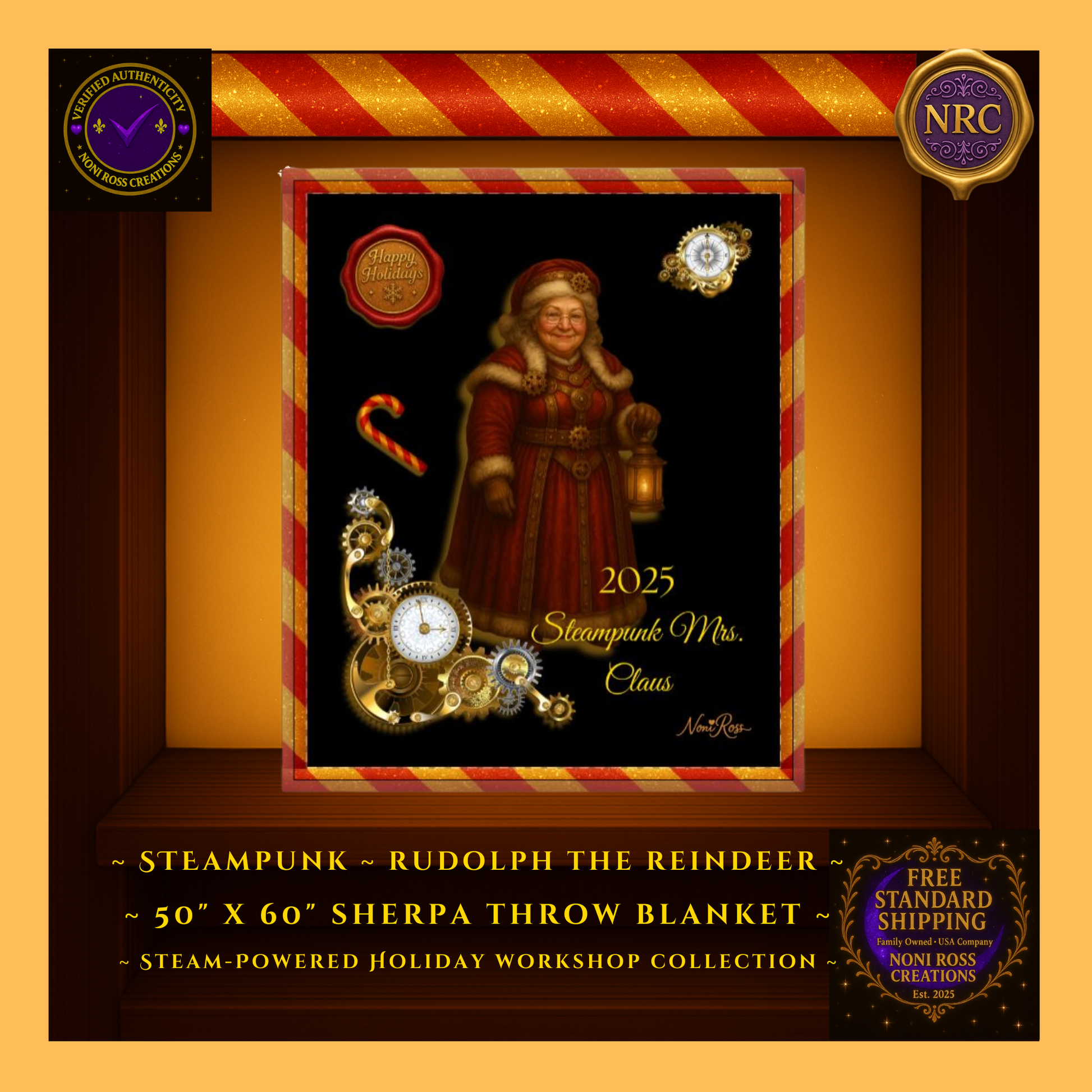 NRC Steampunk Rudolph Sherpa Blanket – Close-Up Detail of Artwork in Gold Cubby Frame