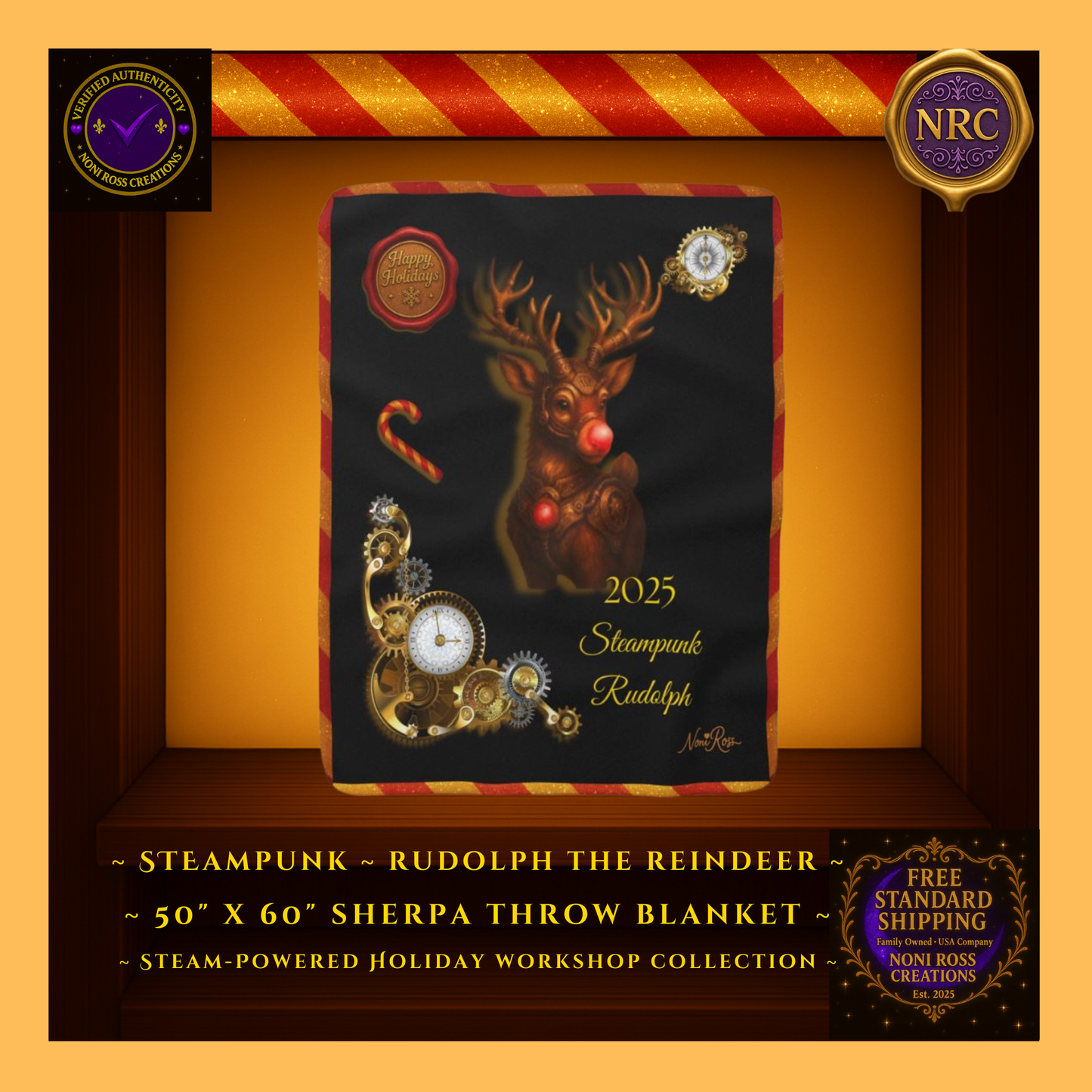 NRC Steampunk Rudolph Sherpa Blanket 50×60 – Main Product Image in Gold Cubby Frame