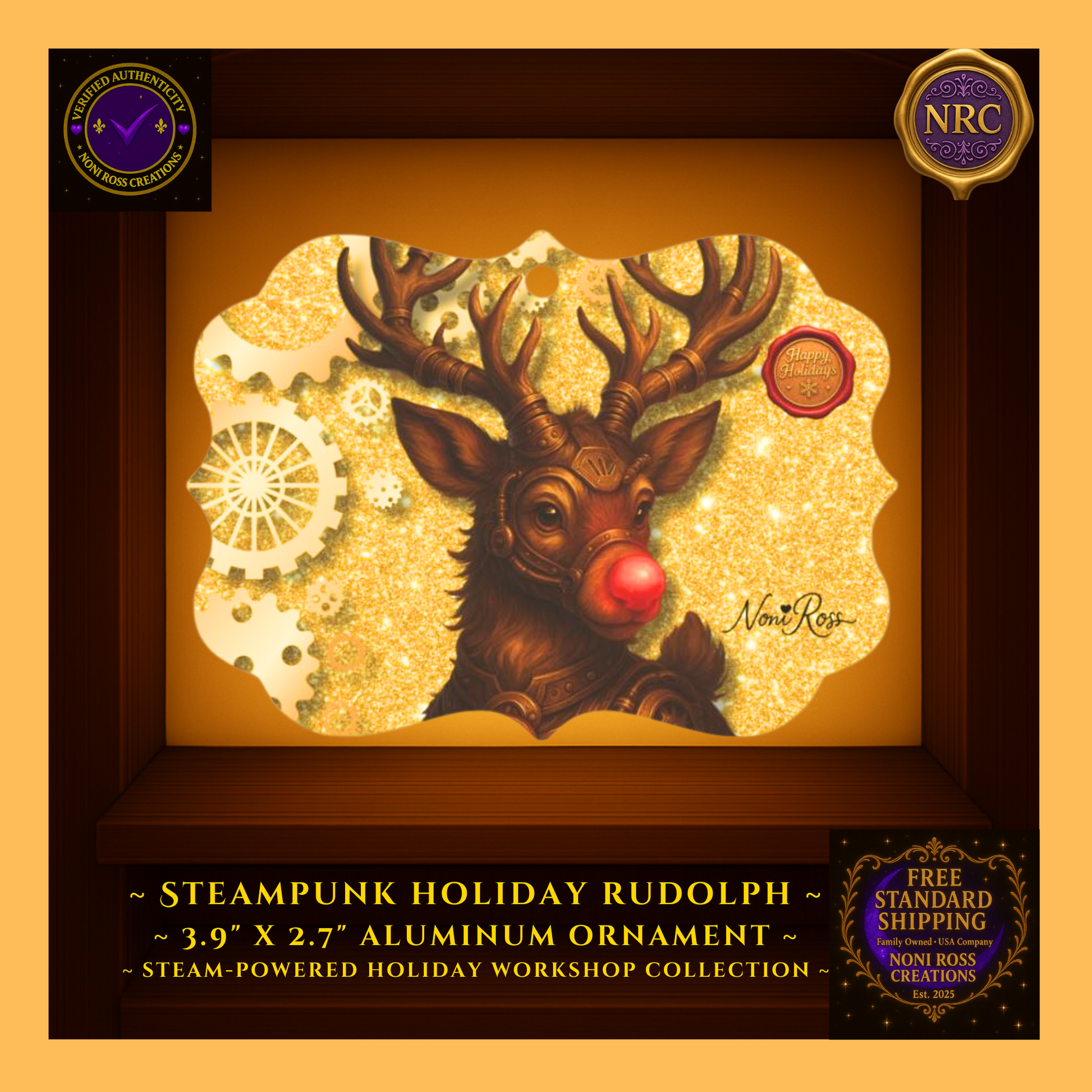 Back view of Steampunk Rudolph Metal Ornament showing glossy metallic finish with NRC logo in golden cubby.  
