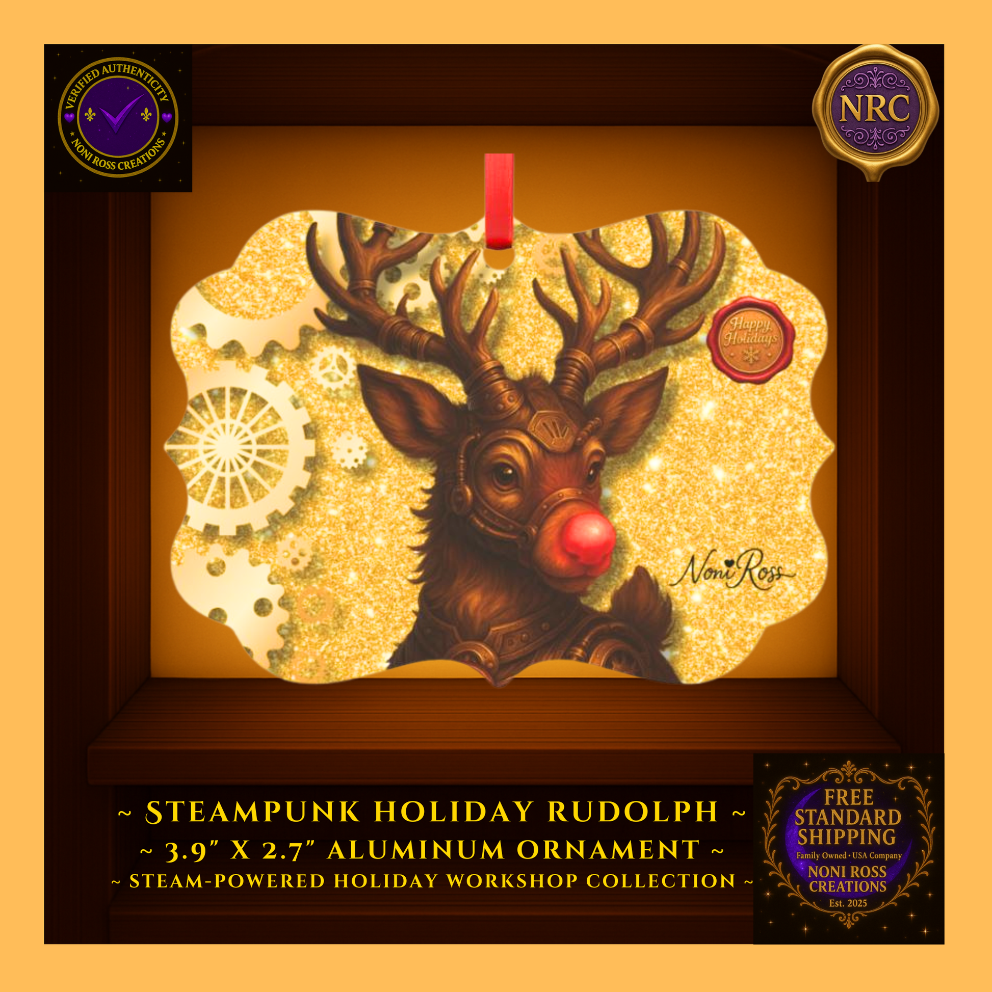 Steampunk Rudolph Metal Ornament displayed in golden cubby—steampunk reindeer design with brass antlers, gears, and glowing red nose, Noni Ross Creations. 