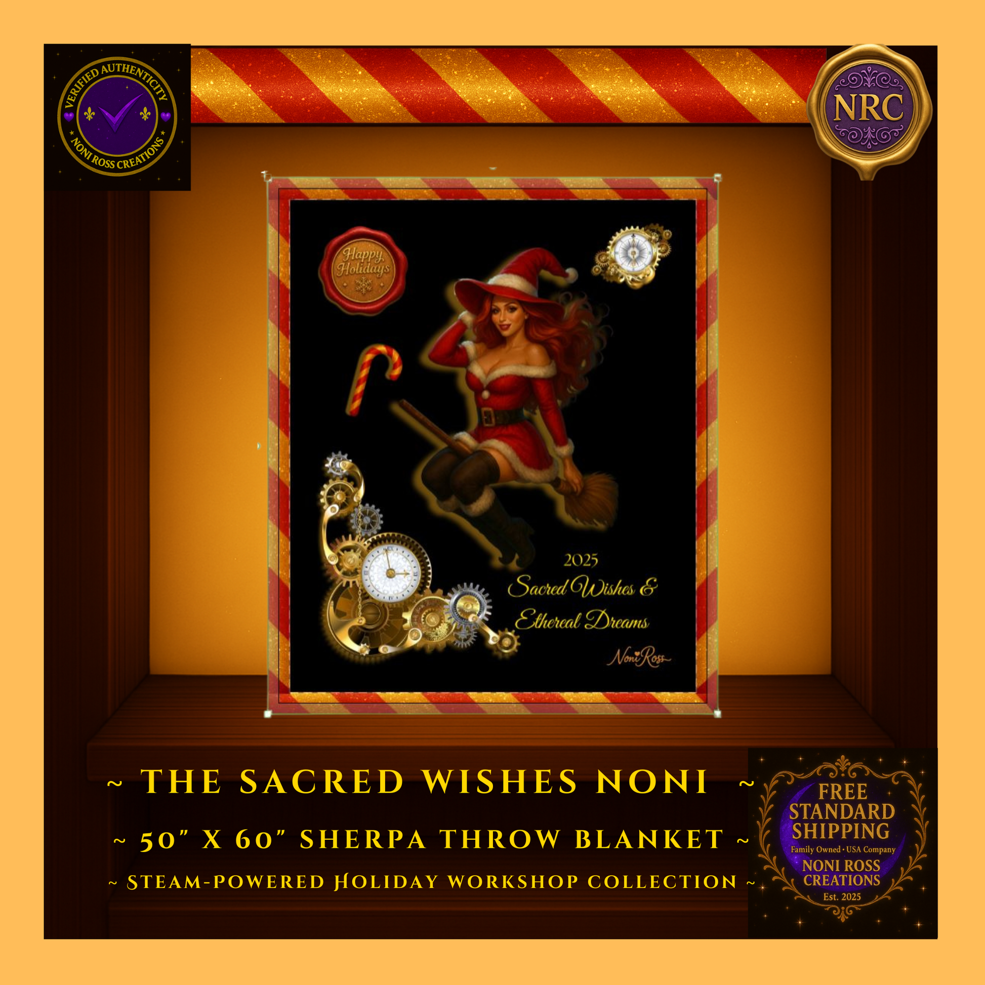 Close-up of 2025 Sacred Wishes & Ethereal Dreams Noni artwork showing red Santa dress, holiday hat, broom, glowing gears, and vintage Christmas details