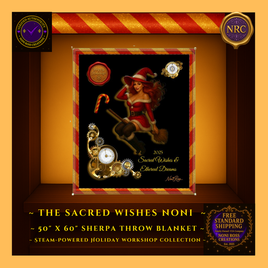 Close-up of 2025 Sacred Wishes & Ethereal Dreams Noni artwork showing red Santa dress, holiday hat, broom, glowing gears, and vintage Christmas details