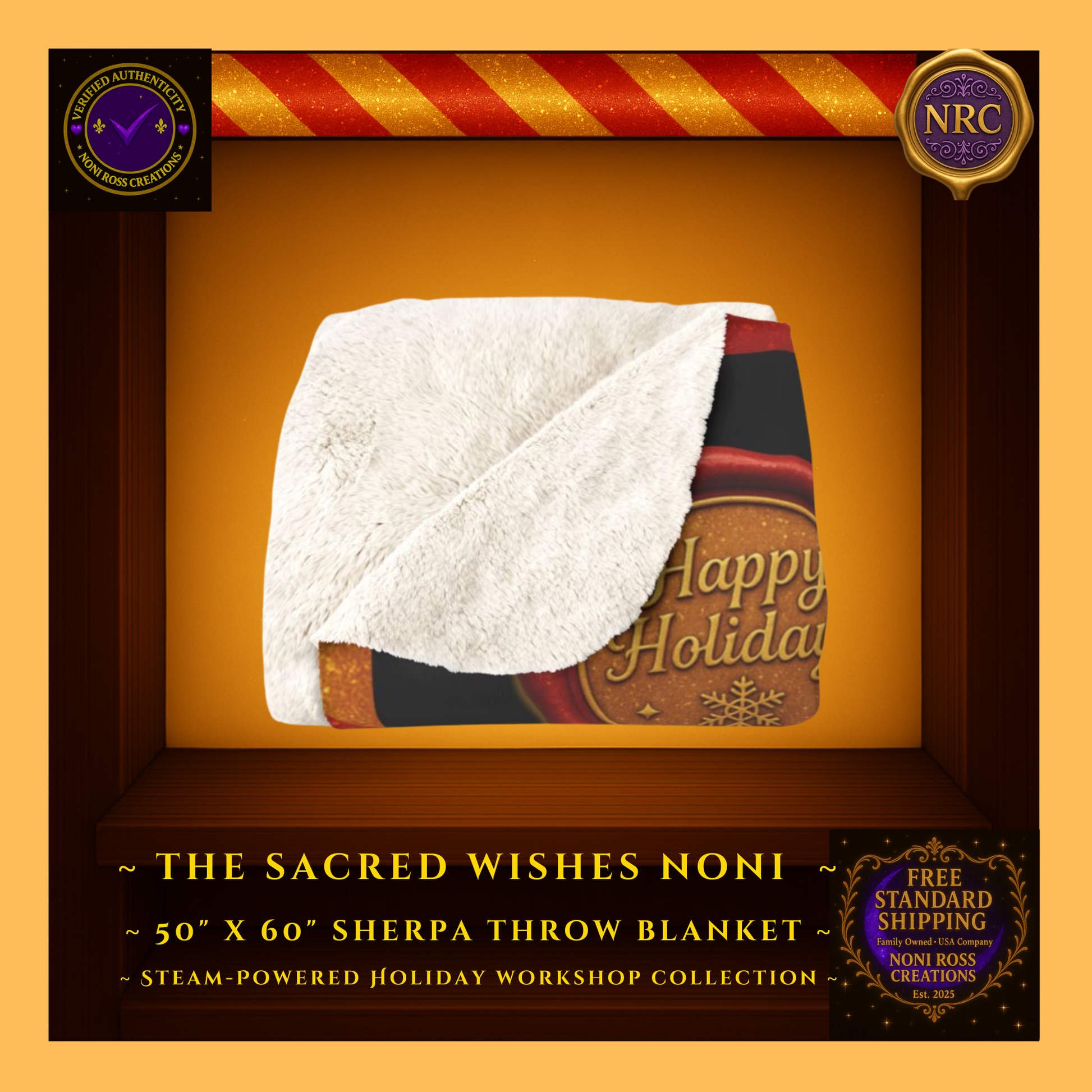 2025 Sacred Wishes & Ethereal Dreams Noni sherpa blanket folded to show plush white sherpa backing and steampunk holiday artwork inside a gold cubby frame