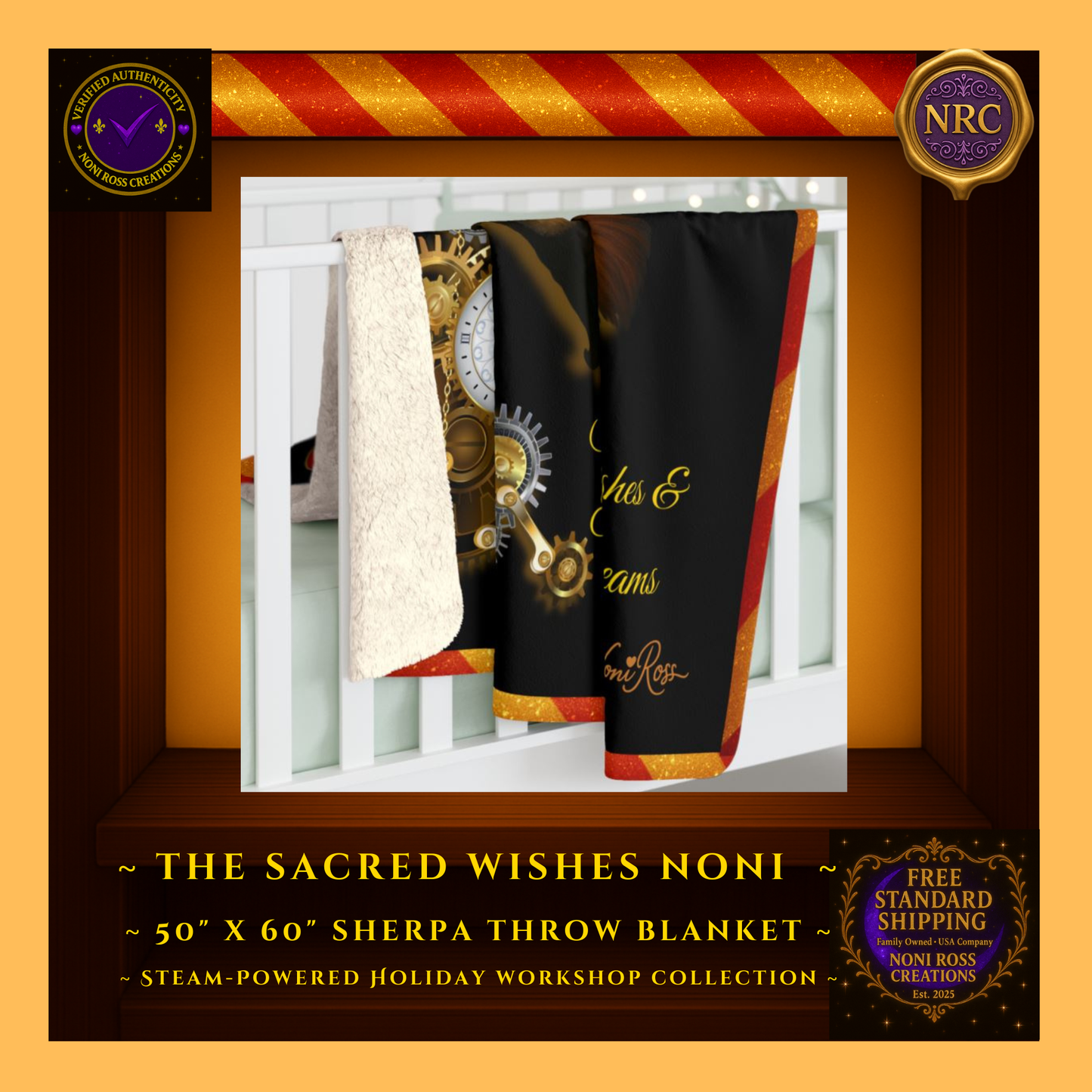 2025 Sacred Wishes & Ethereal Dreams Noni sherpa blanket draped over a crib rail inside a gold cubby frame styled as whimsical Christmas nursery décor