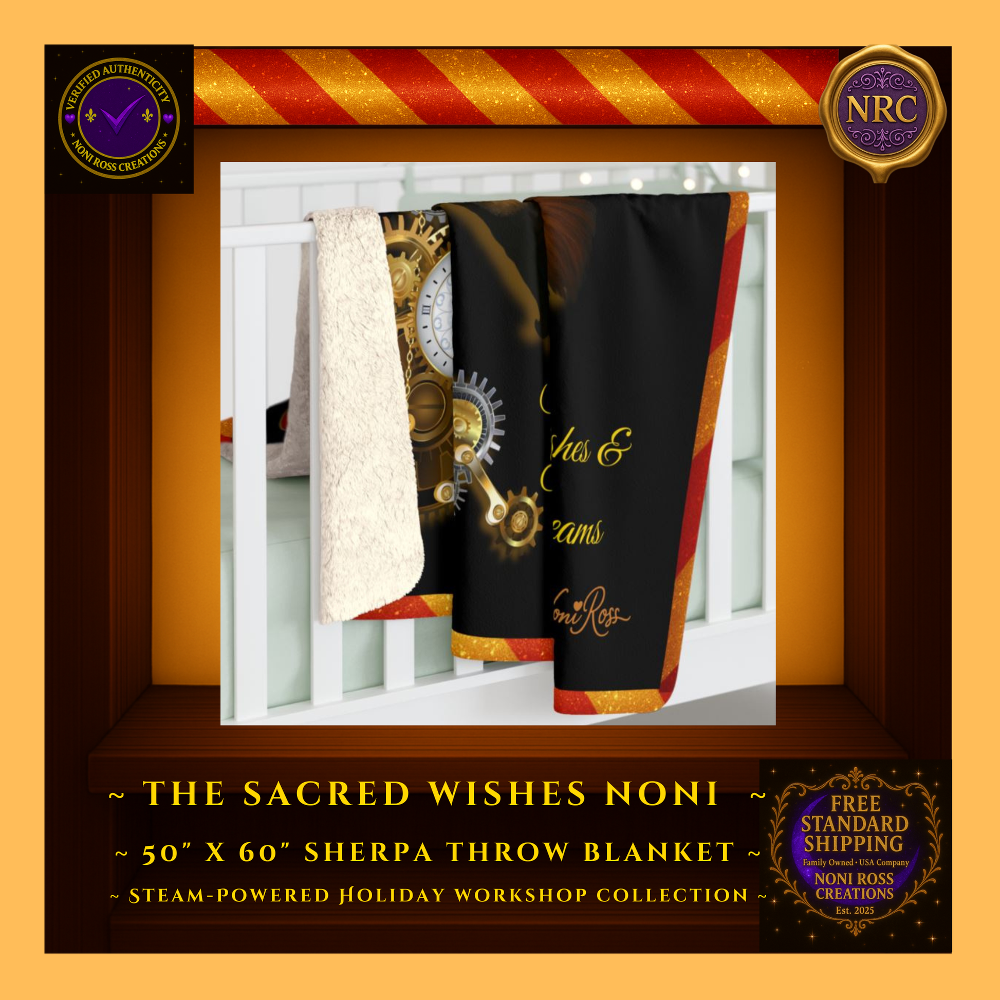 2025 Sacred Wishes & Ethereal Dreams Noni sherpa blanket draped over a crib rail inside a gold cubby frame styled as whimsical Christmas nursery décor