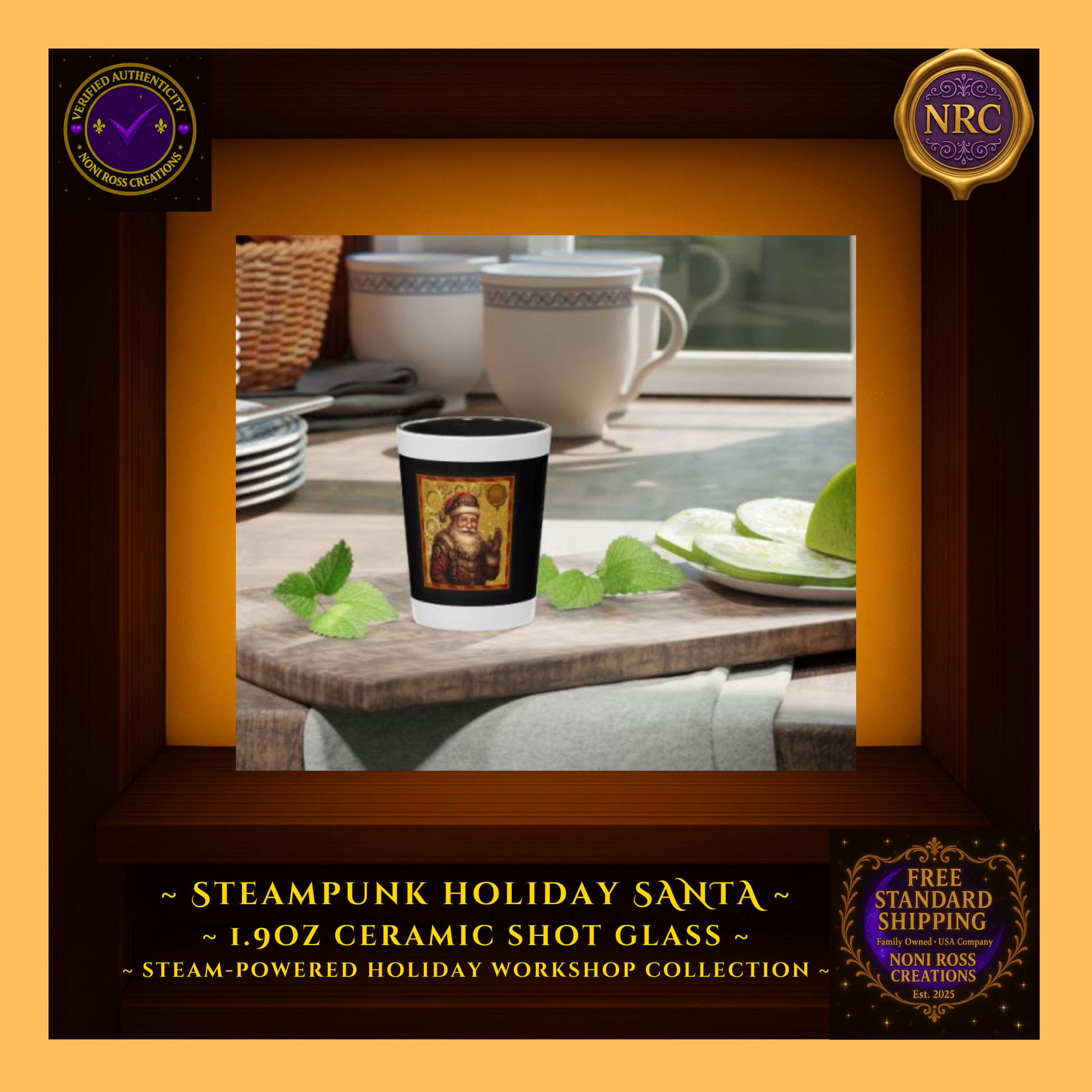 Santa steampunk shot glass on holiday bar tray with ornaments and twinkle lights, cozy festive scene.