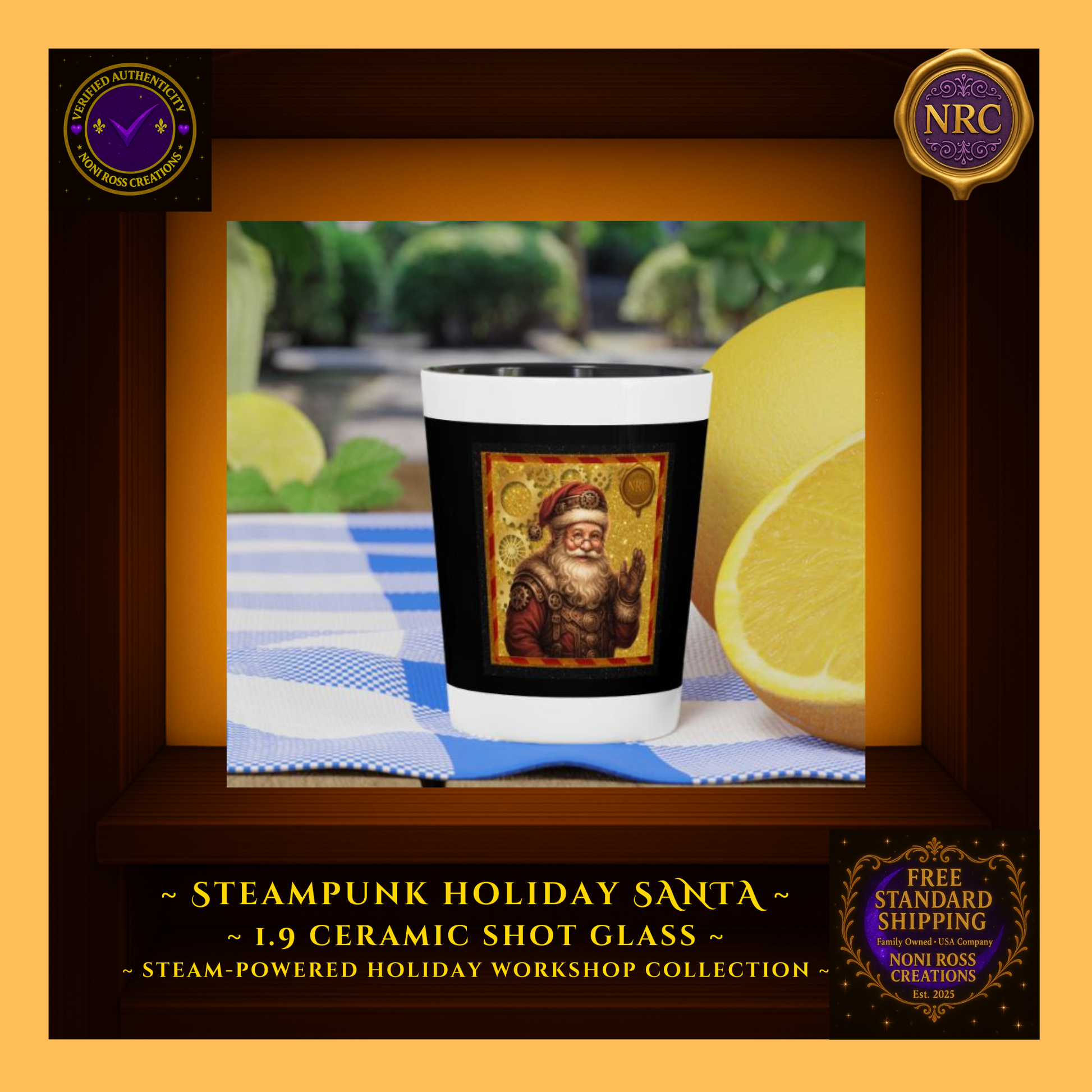 1.9oz Santa ceramic shot glass in hand near Christmas tree, showing real-life scale and gift-ready vibe.