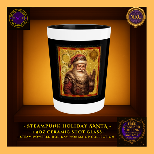 Steampunk Santa 1.9oz ceramic shot glass with brass gear accents and festive red-gold artwork — Noni Ross Creations.