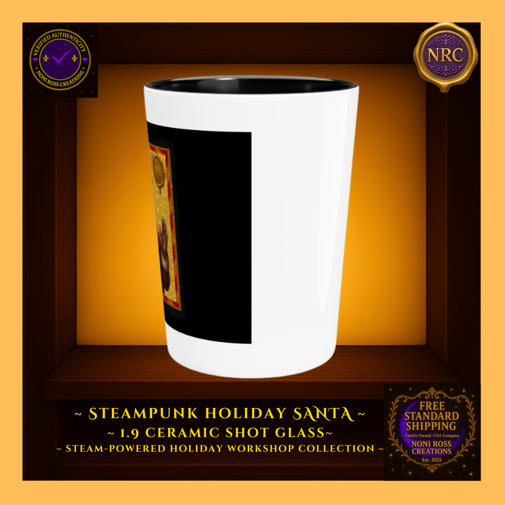 Right-side profile of Santa shot glass highlighting steampunk design seam and holiday color accents.