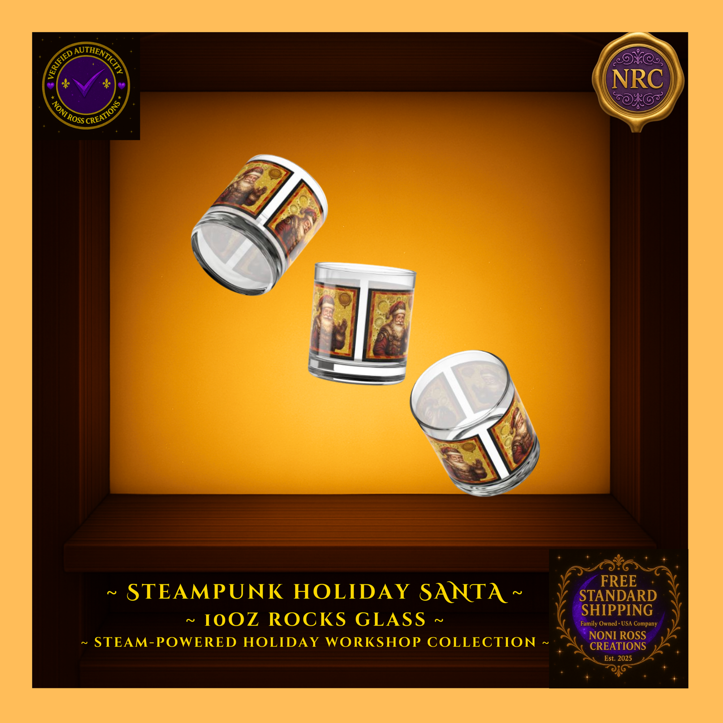 Santa steampunk rocks glass filled with amber drink beside ornaments and garland; cozy holiday bar scene.