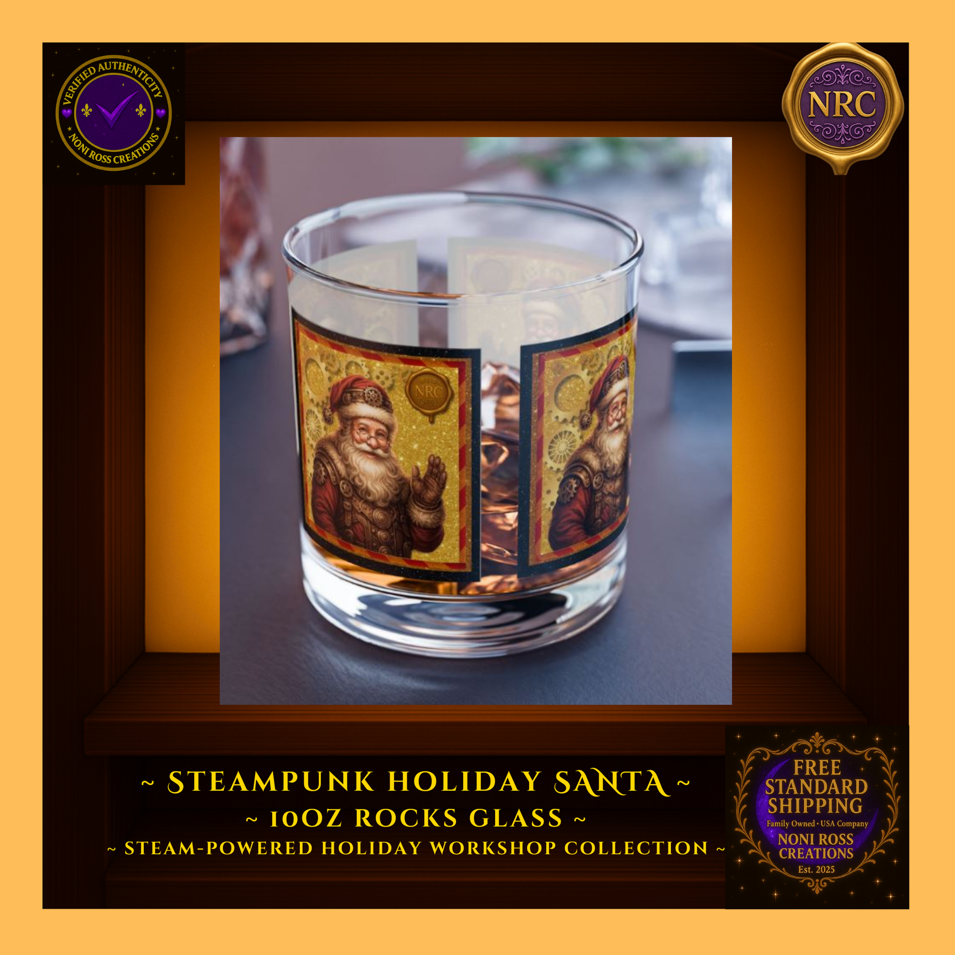 10 oz Santa rocks glass held in hand near Christmas tree lights, showing scale and festive glow.