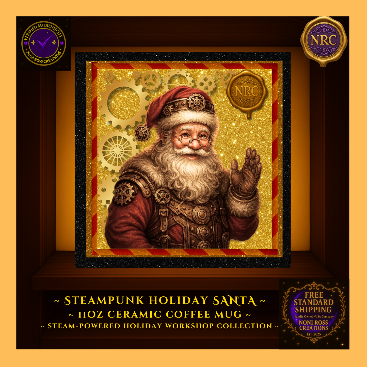 Close-up of Steampunk Santa artwork with brass gears and red accents on glossy ceramic surface, crisp print detail visible.