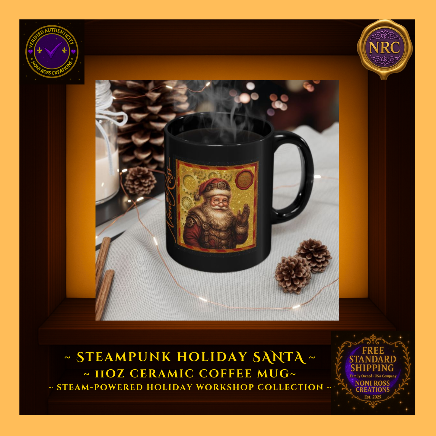 Santa steampunk mug filled with hot cocoa beside cookies and ornaments on cozy holiday table.