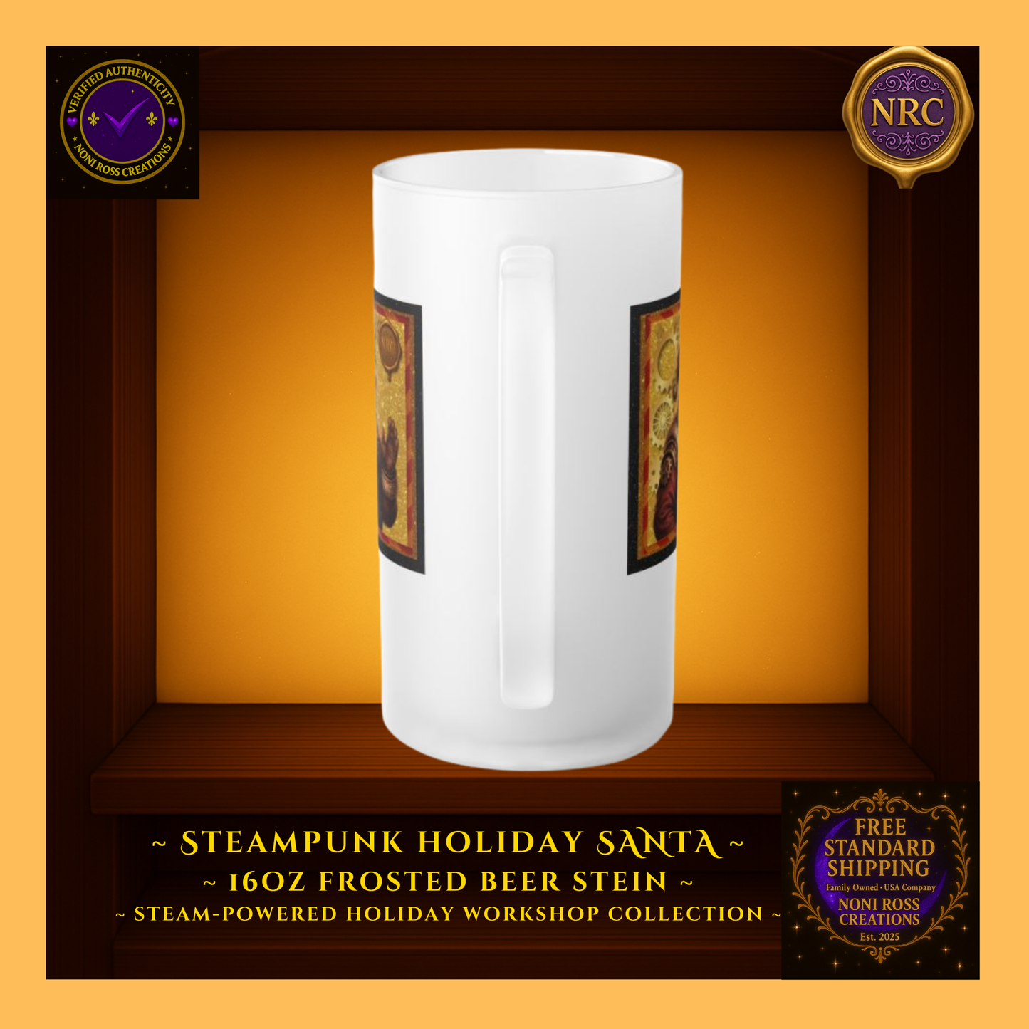 Front view of Steam-Powered Santa frosted beer stein showing full steampunk Santa artwork and ornate frame design