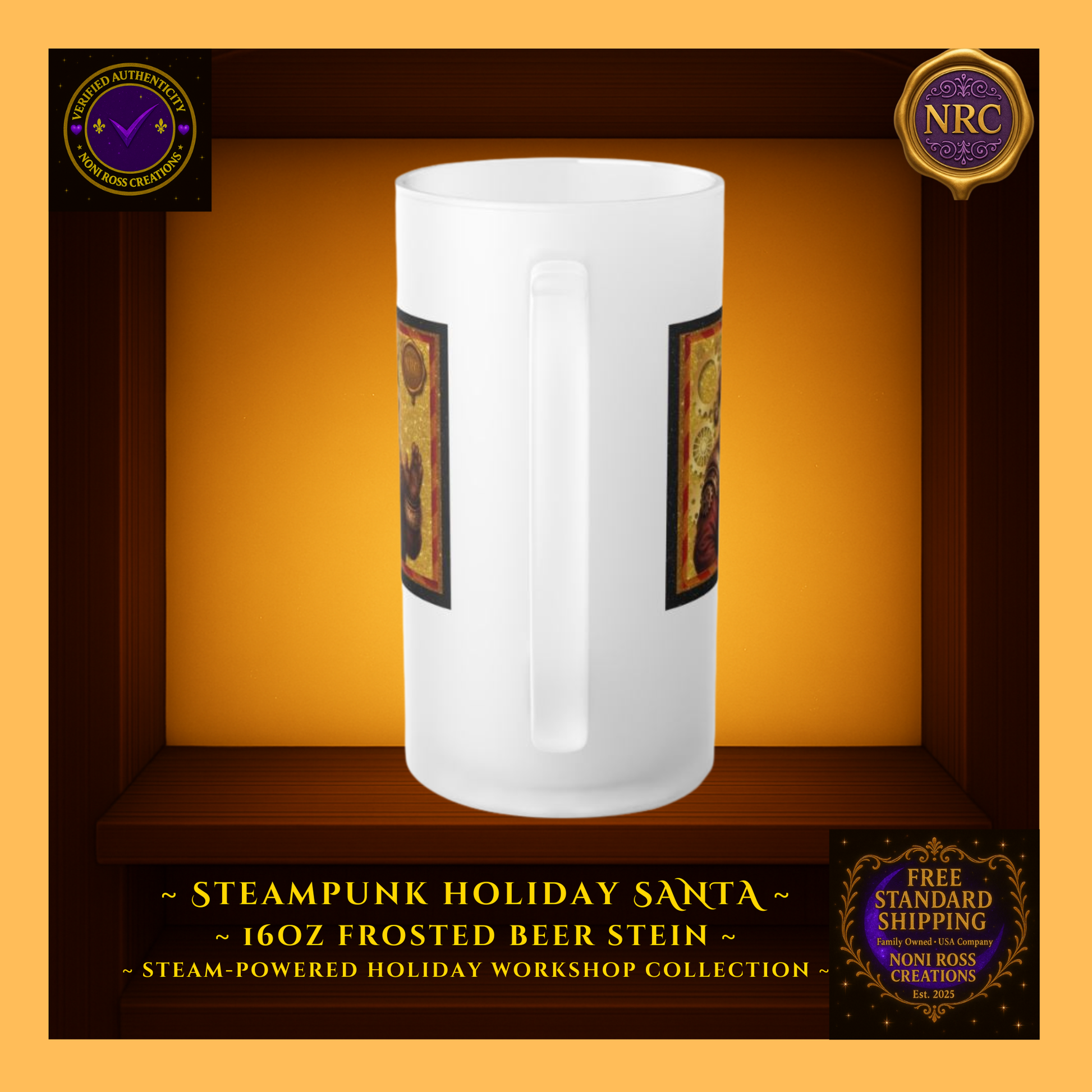 Front view of Steam-Powered Santa frosted beer stein showing full steampunk Santa artwork and ornate frame design