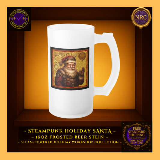 Steam-Powered Santa 16oz frosted beer stein with vintage steampunk Santa art on a warm golden holiday background by Noni Ross Creations