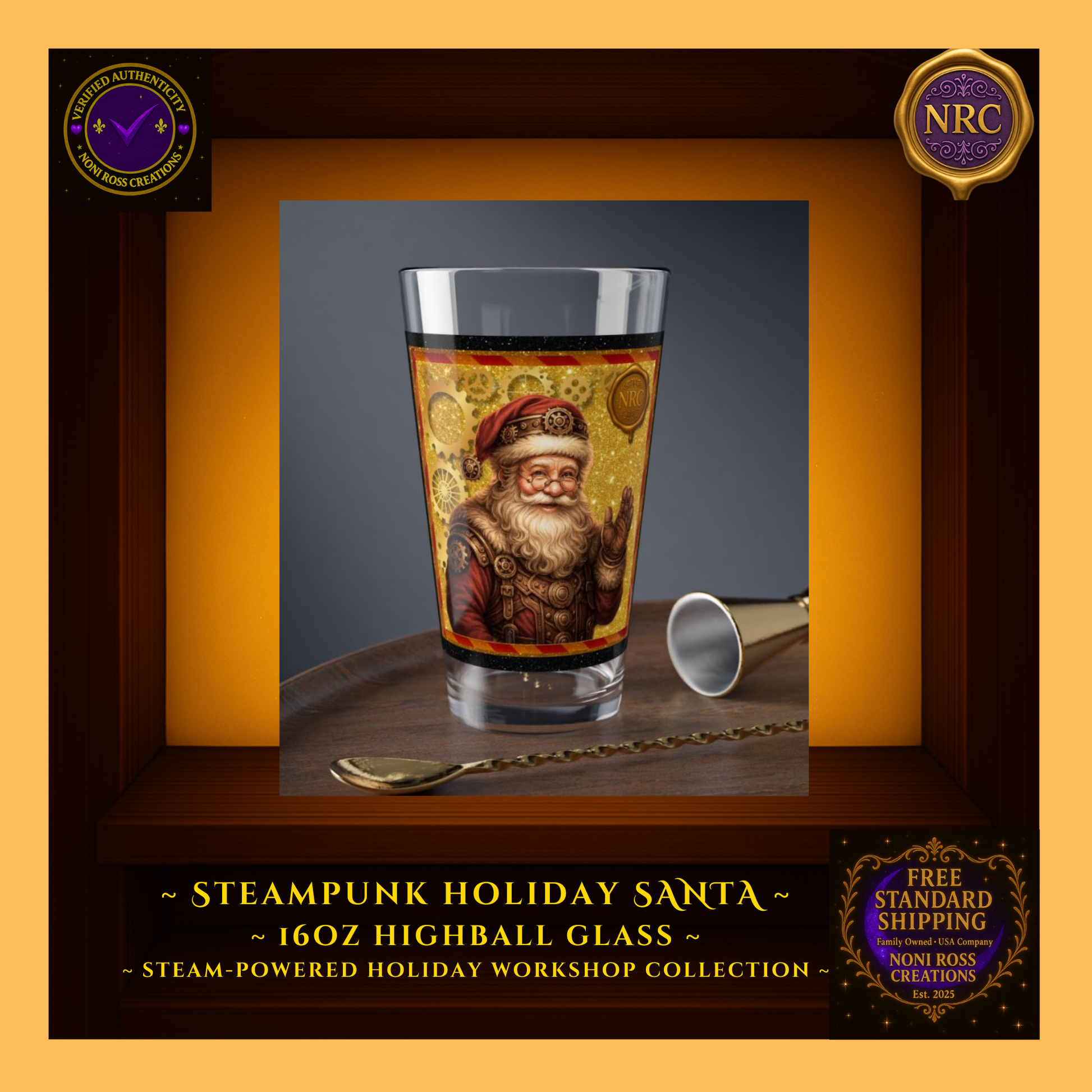 Santa steampunk highball filled with iced cocoa on a holiday tray with ornaments—festive kitchen scene.
