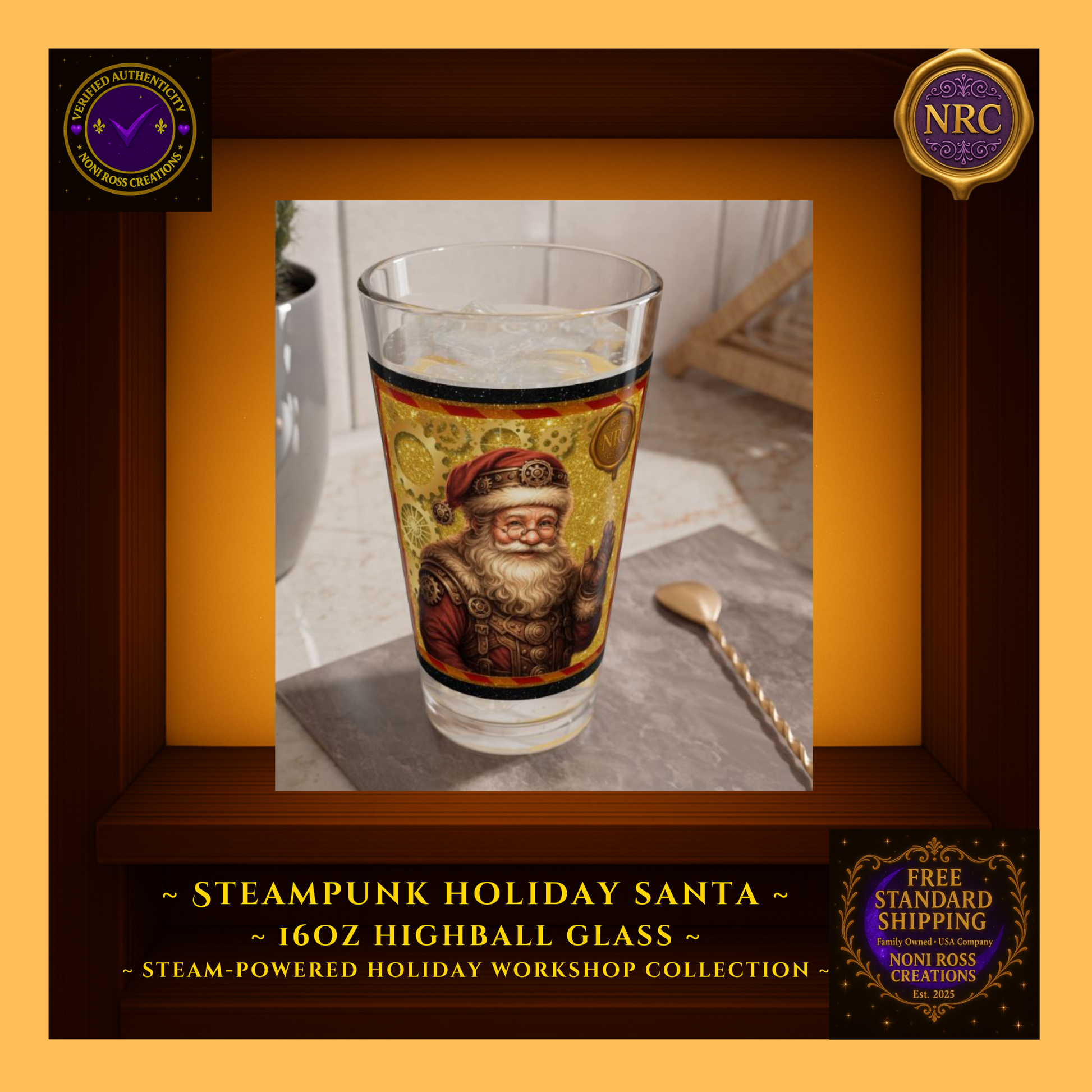 Santa highball beside cookies and twinkle lights on a tabletop, cozy holiday vibe with gift-ready feel.