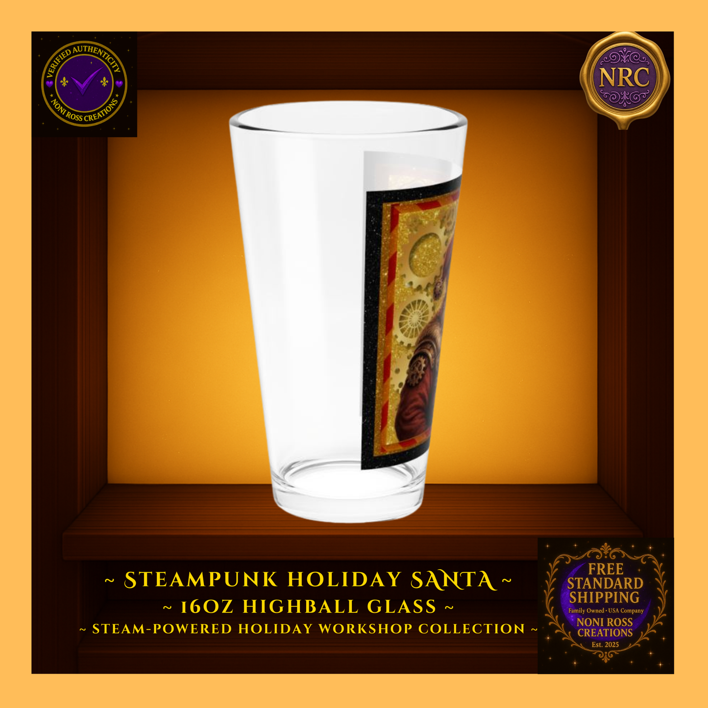 Left-side profile of Santa highball glass highlighting gear motif and edge of artwork wrap.