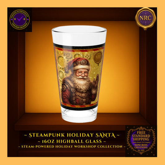 Steampunk Santa 16oz highball glass with gold gear accents and vintage holiday design by Noni Ross Creations.