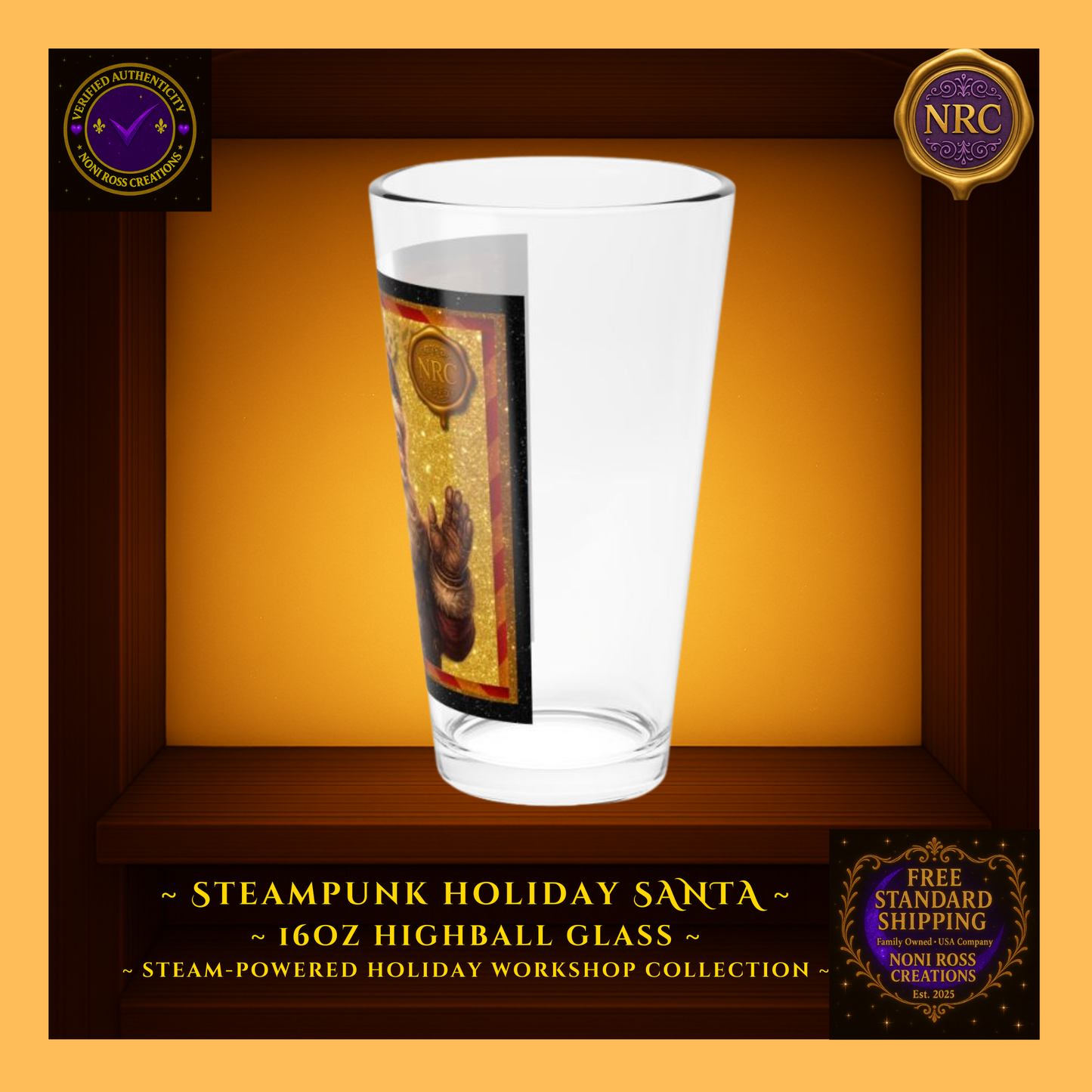 Right-side profile of Santa highball glass showing design seam and holiday color details.