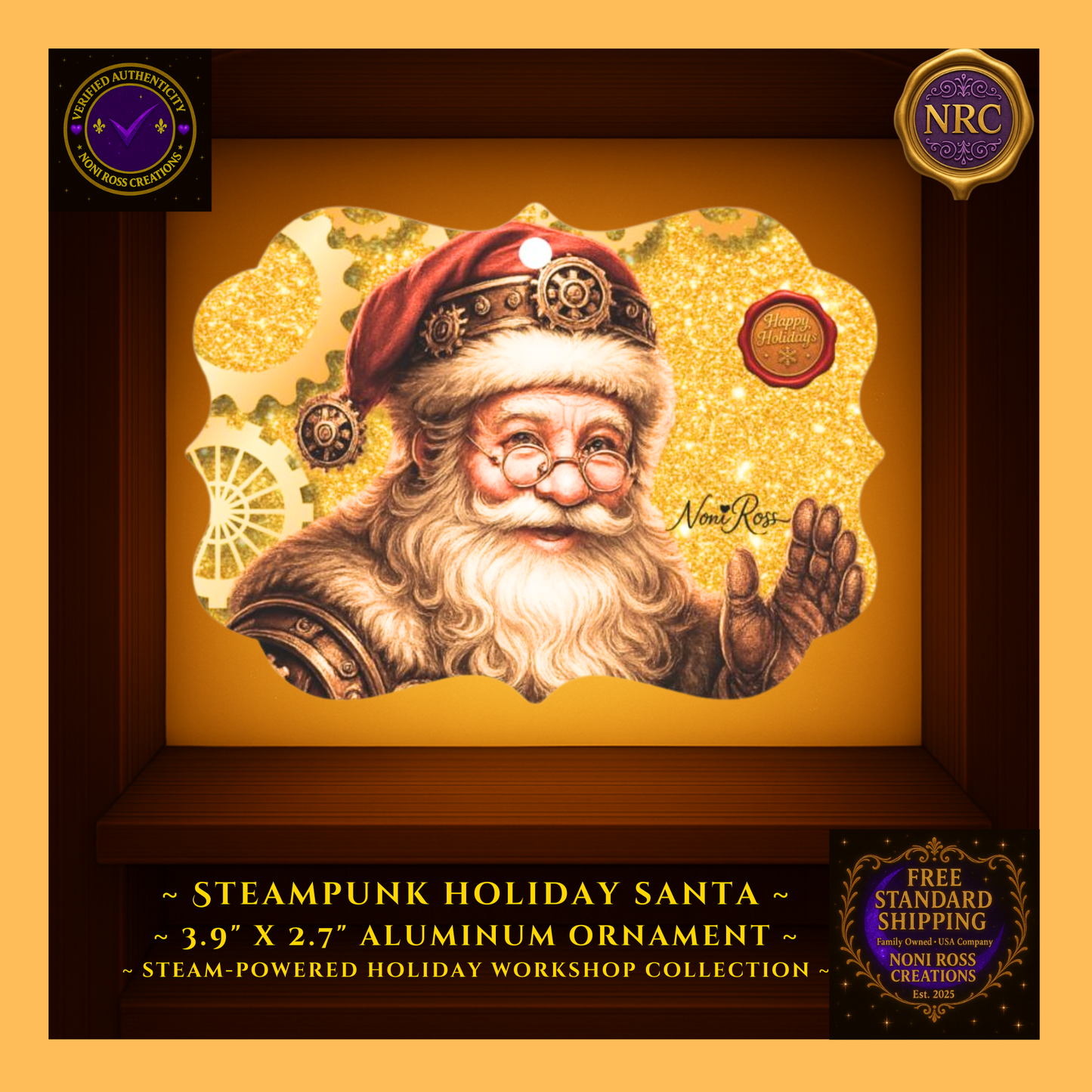 Back view of Santa metal ornament showing smooth aluminum finish and hanging ribbon; lightweight, durable, ready to hang.