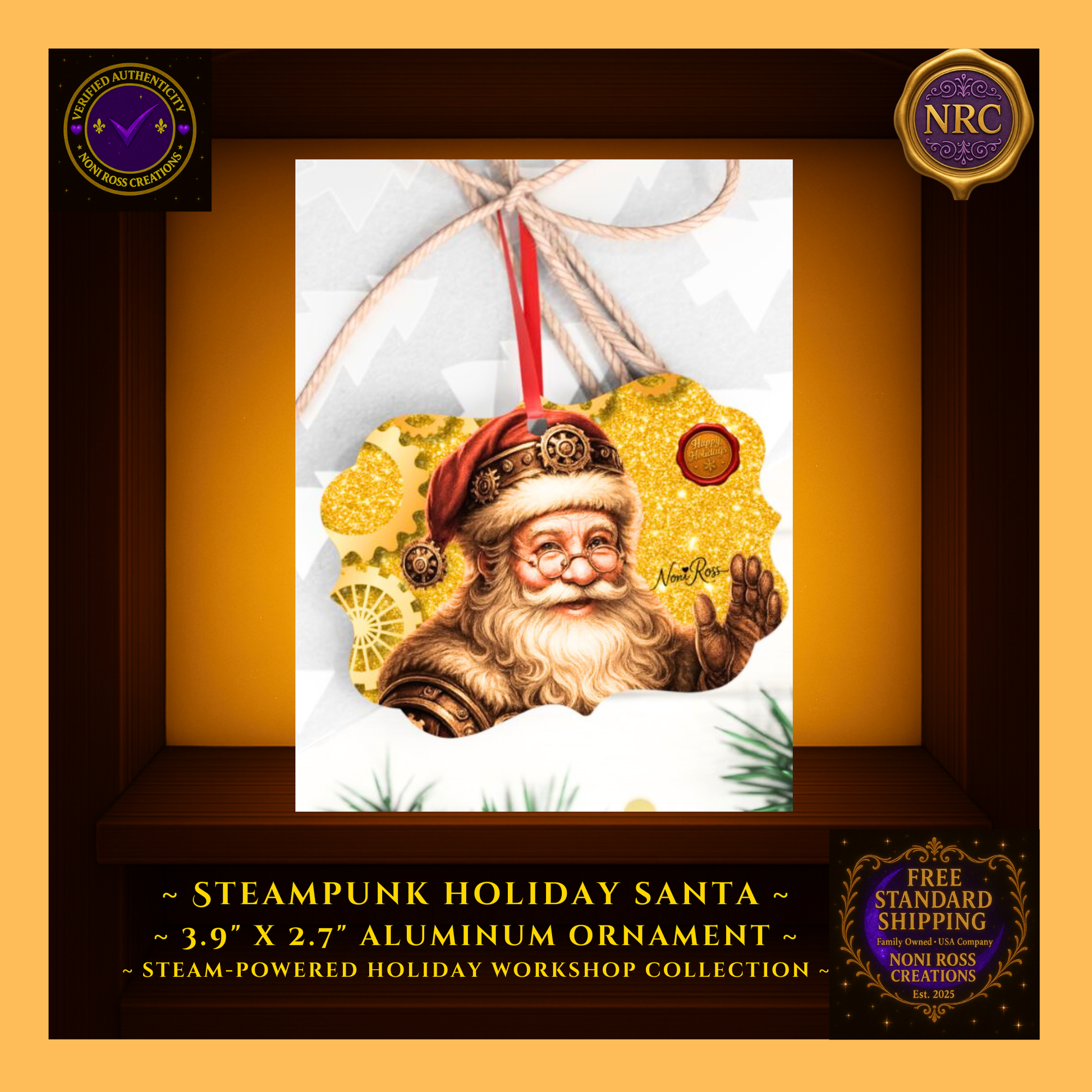 Santa metal ornament shown in hand/near gift box for size; glossy print with gold gear details, gift-ready.
