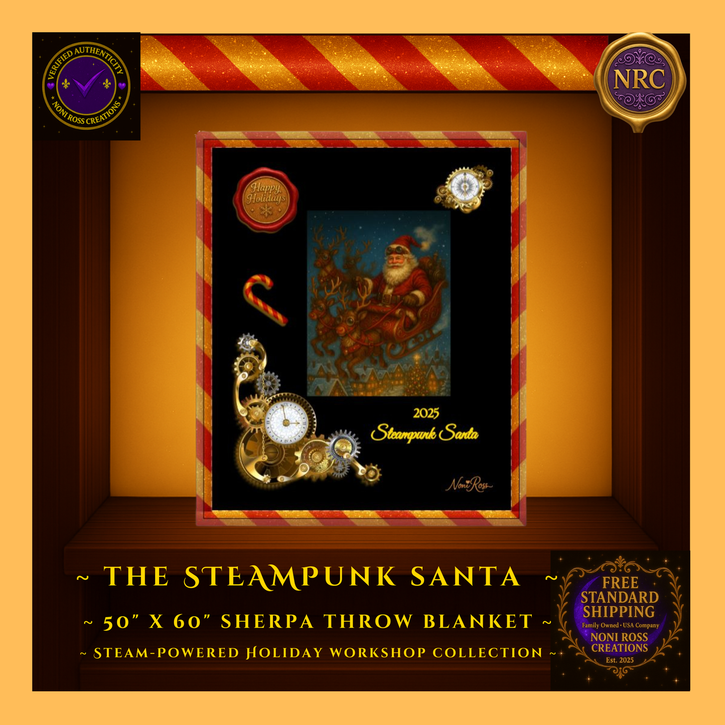 Close-up of 2025 Steampunk Santa artwork showing Santa in aviator goggles, glowing gears, reindeer, and starry sky details on sherpa blanket