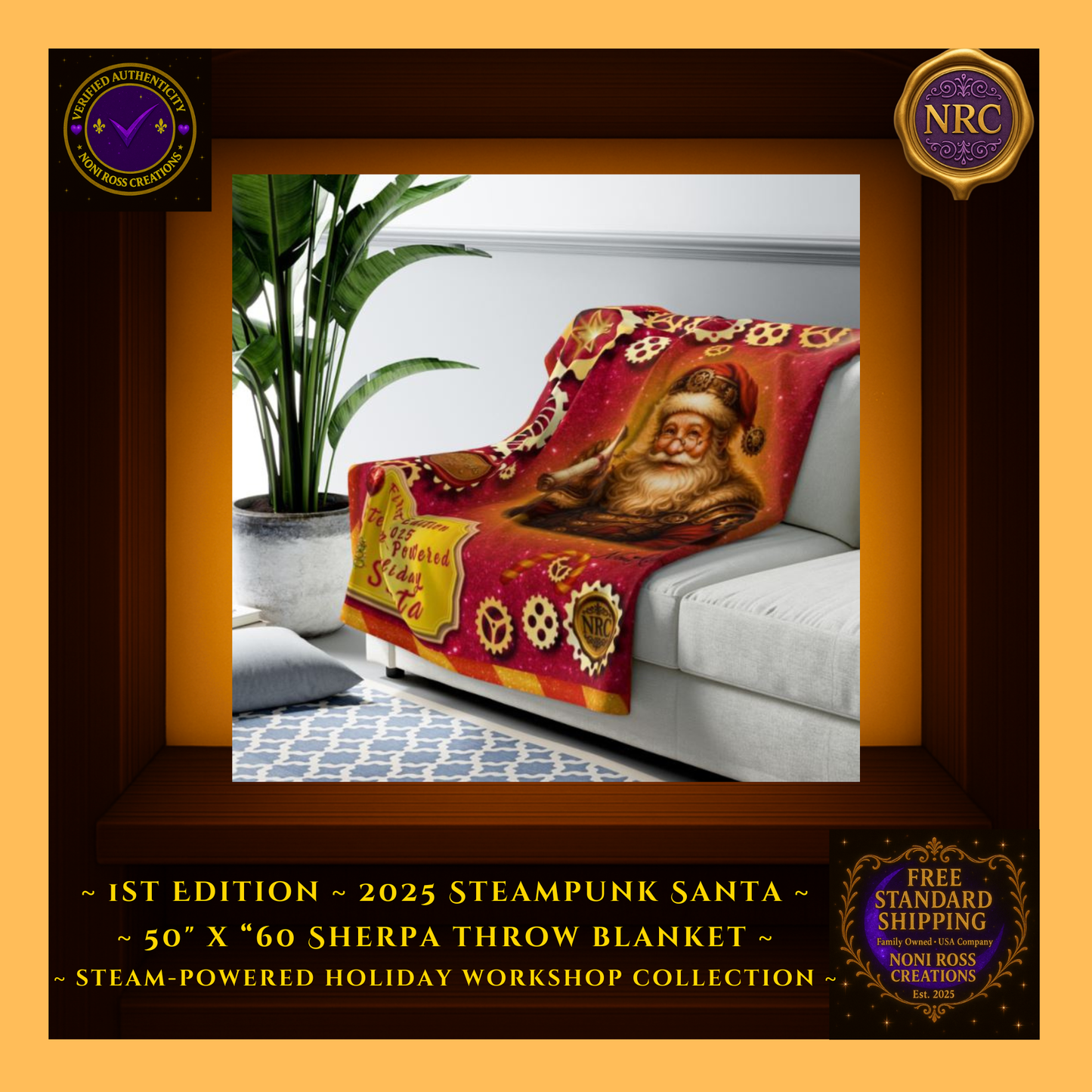 Steam-Powered Holiday Santa blanket styled on sofa, displaying steampunk Santa design with golden gears and magical Christmas tones