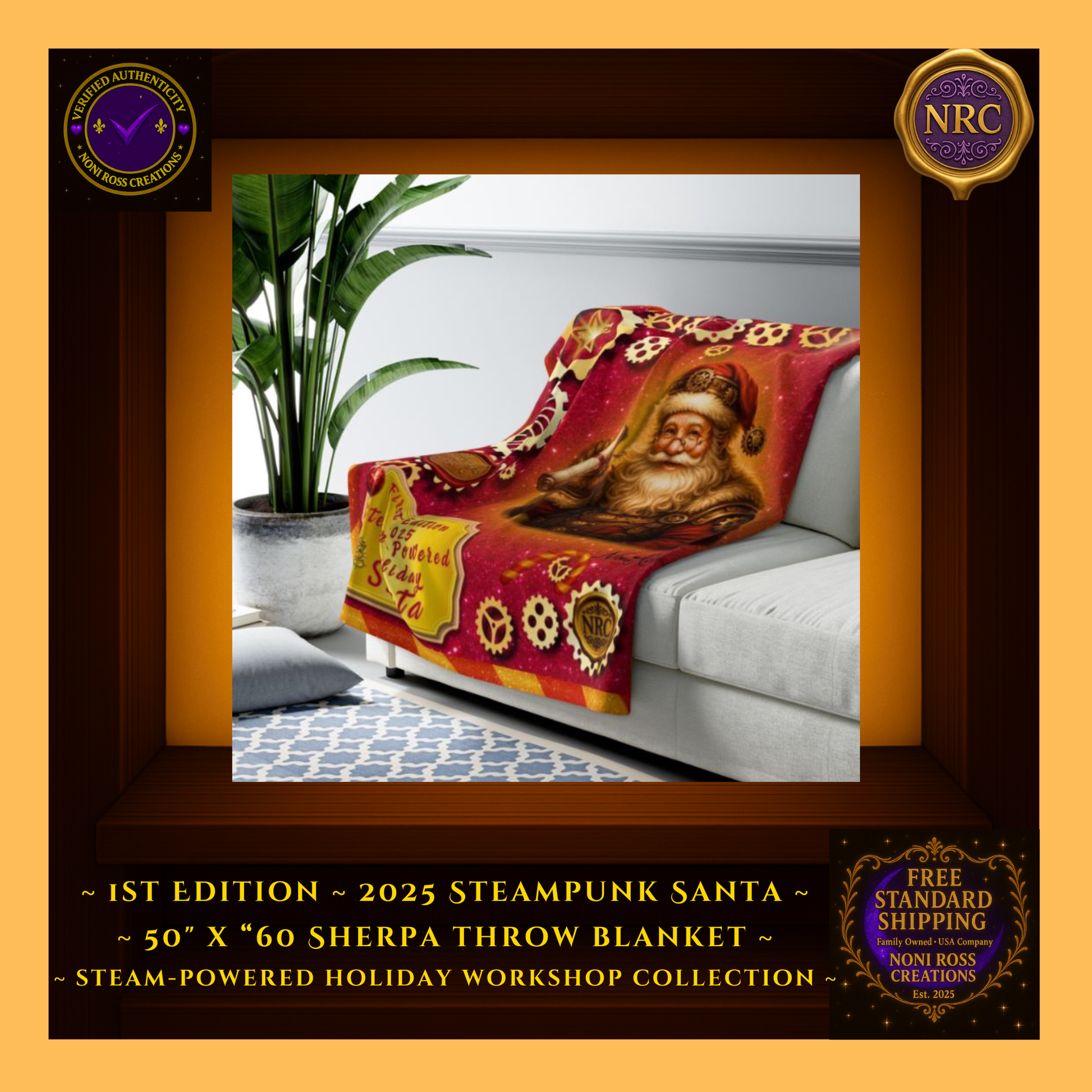 Steam-Powered Holiday Santa blanket styled on sofa, displaying steampunk Santa design with golden gears and magical Christmas tones
