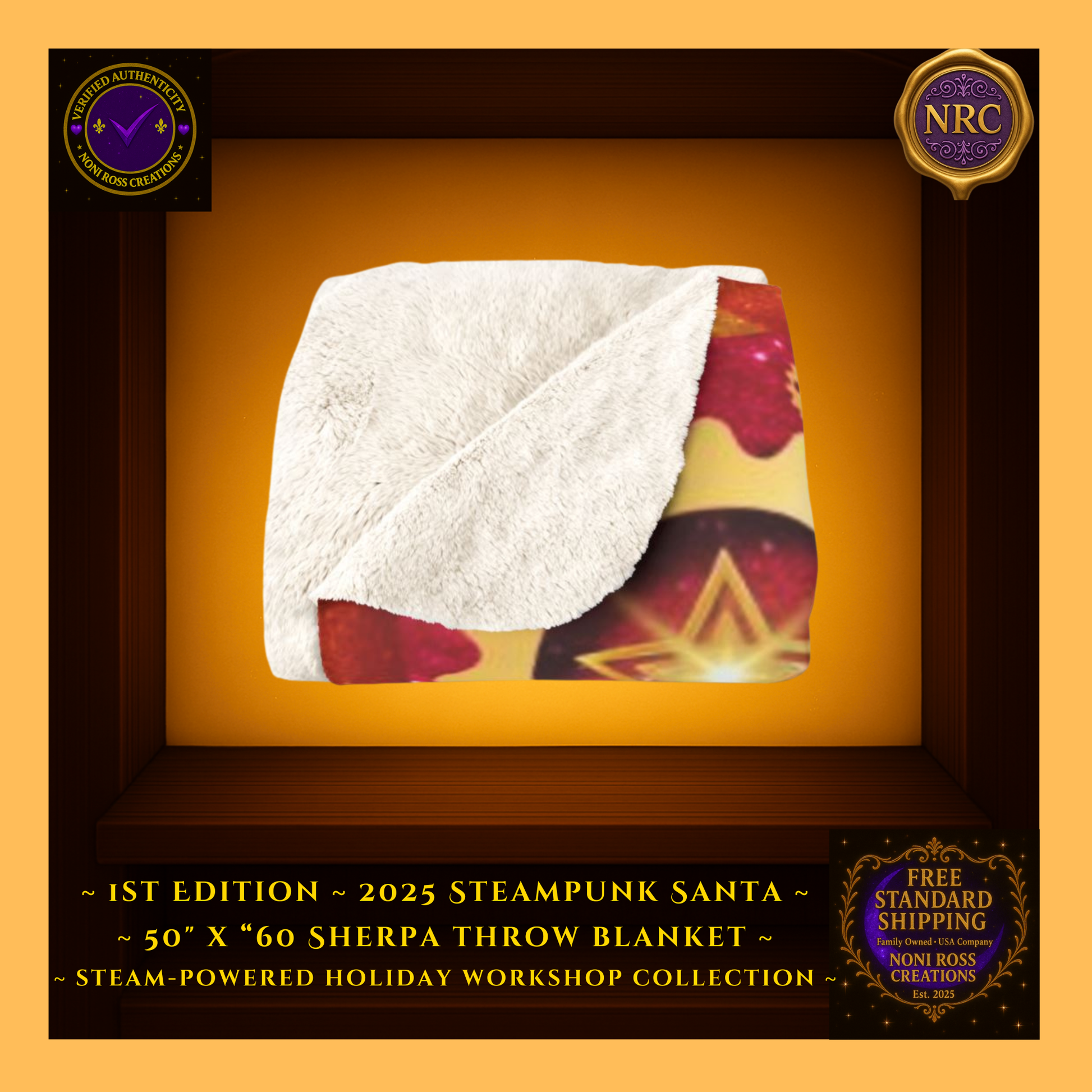 Folded Steam-Powered Holiday Santa fleece blanket in red, gold, and pink steampunk holiday theme – soft premium fleece