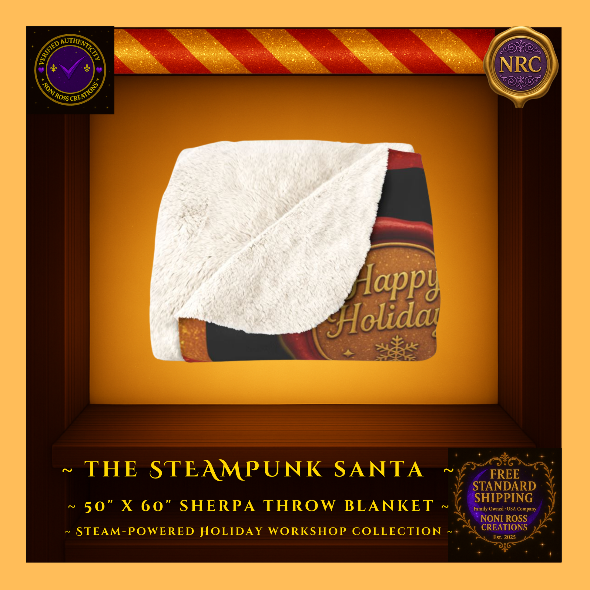 2025 Steampunk Santa sherpa blanket draped over a crib rail inside a gold cubby frame styled as whimsical Christmas nursery décor