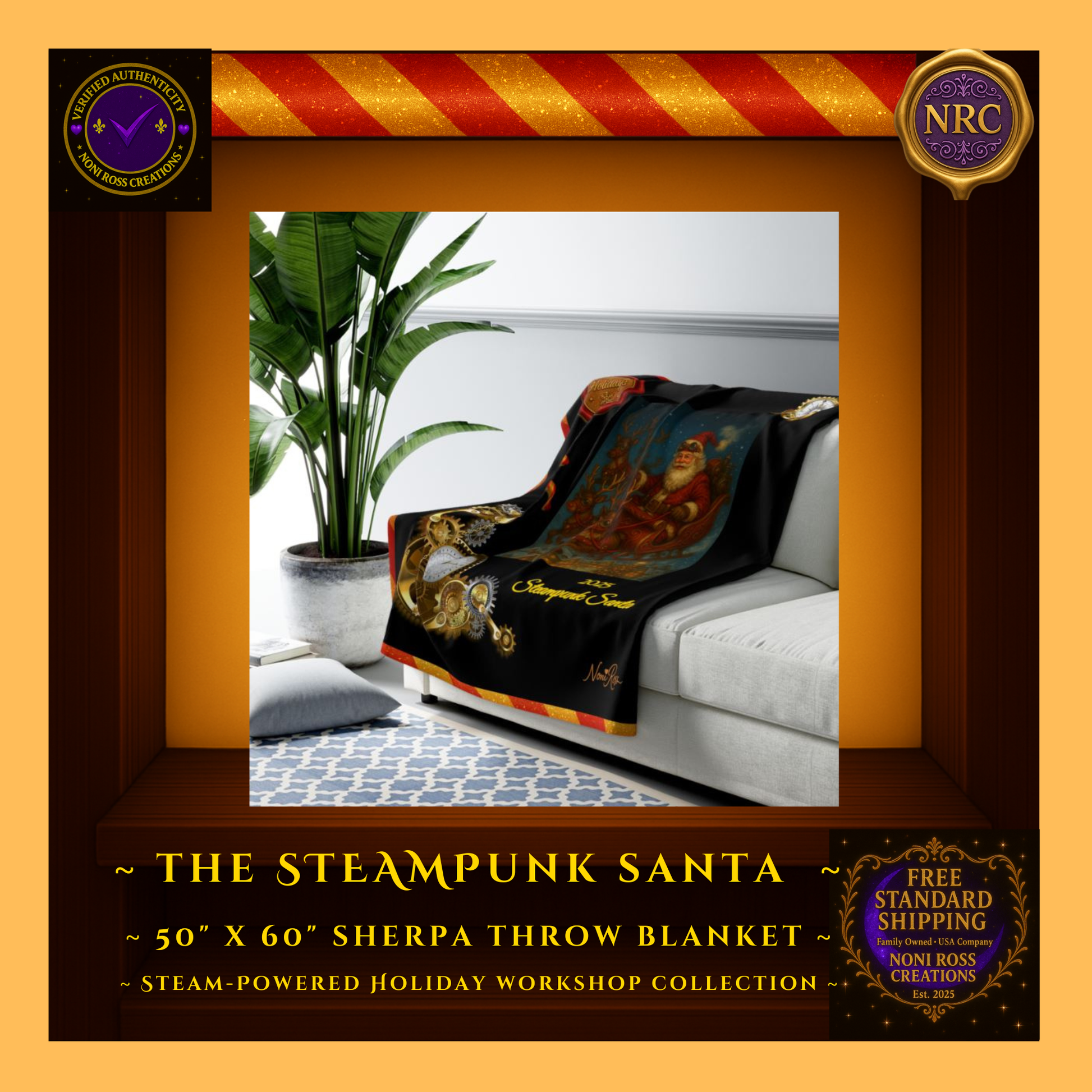 2025 Steampunk Santa sherpa blanket displayed on a living-room couch in a gold cubby frame as festive steampunk Christmas home décor