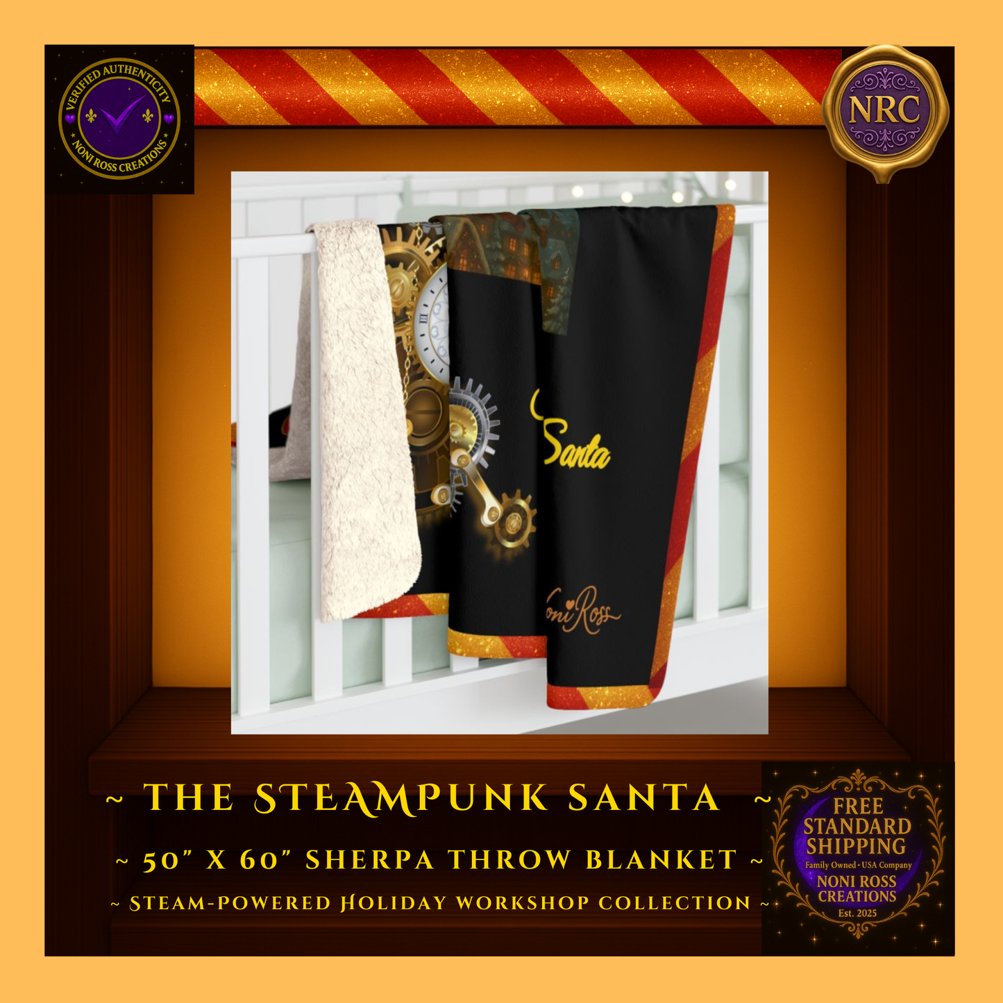 2025 Steampunk Santa sherpa blanket draped over a crib rail inside a gold cubby frame styled as whimsical Christmas nursery décor