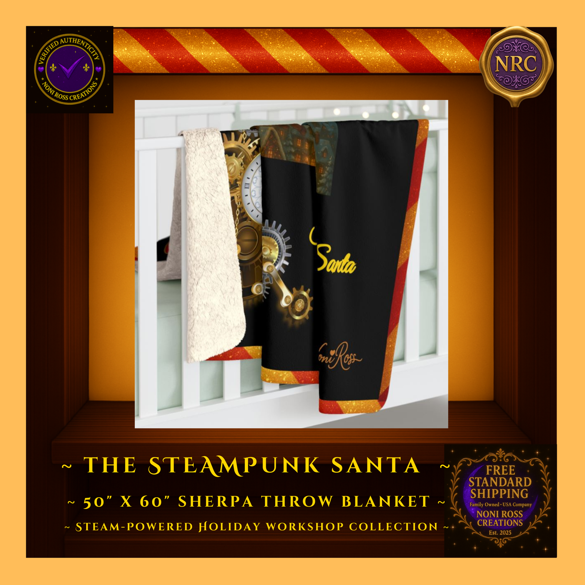 2025 Steampunk Santa sherpa blanket draped over a crib rail inside a gold cubby frame styled as whimsical Christmas nursery décor