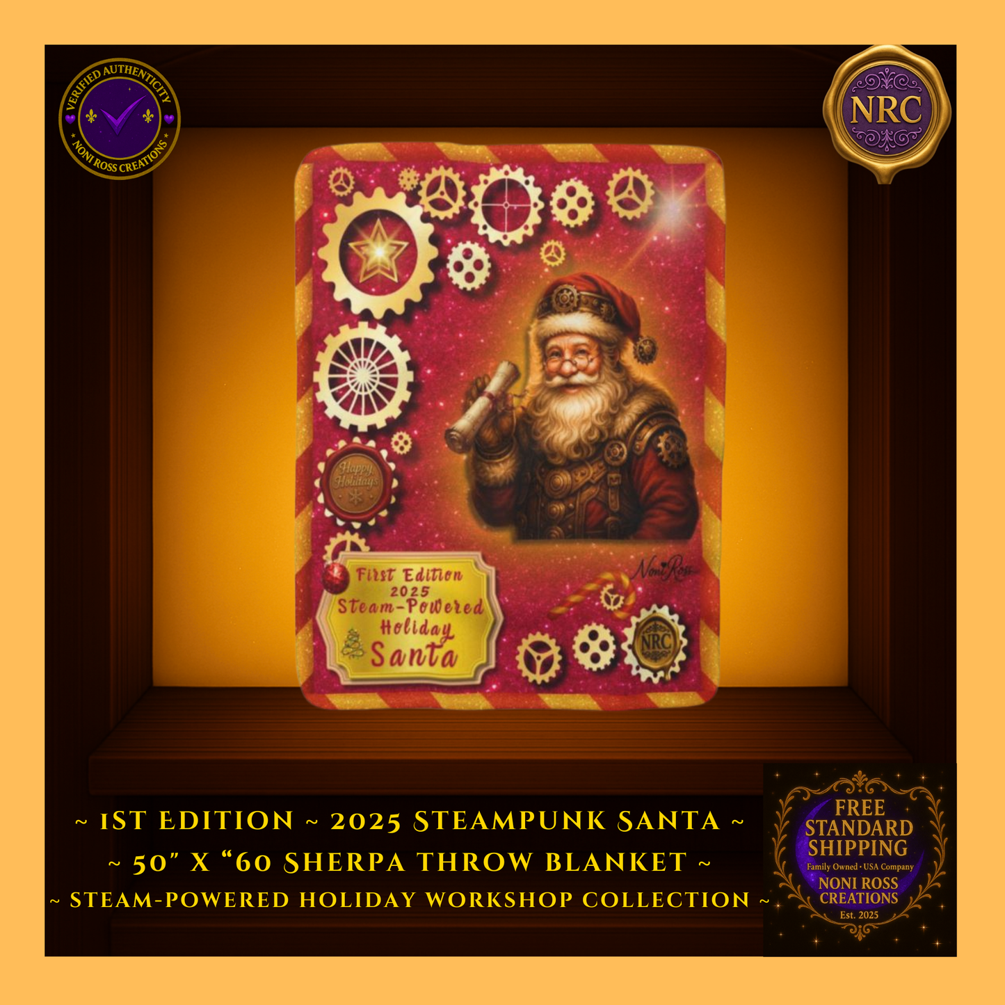 Steam-Powered Holiday Santa fleece blanket 50x60 featuring steampunk Santa, golden gears, candy-cane accents, and vibrant pink holiday sparkle – Noni Ross Creations