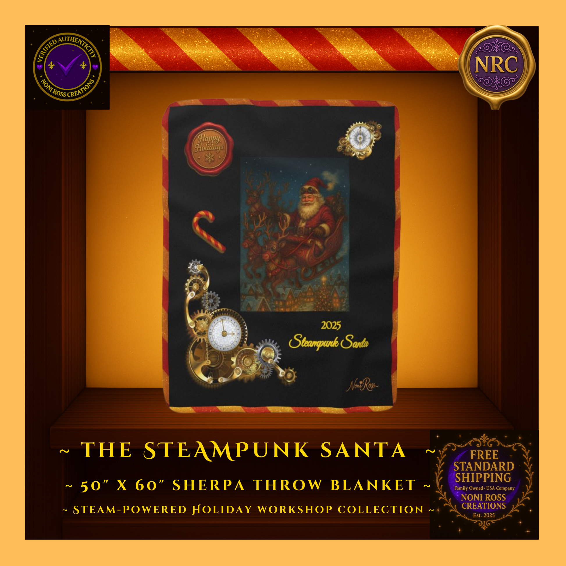 2025 Steampunk Santa sherpa throw blanket displayed in a gold cubby frame with Santa in gear-powered sleigh, glowing gears, and NRC holiday branding