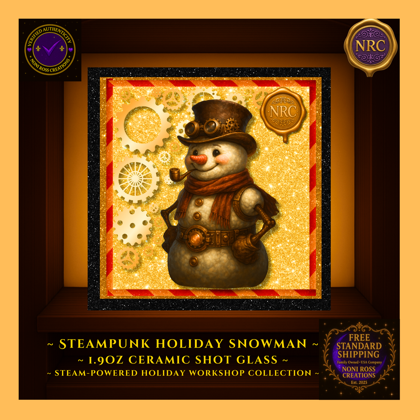 Close-up of Snowman graphic on 1.9oz ceramic shot glass with metallic gears and crisp print detail.