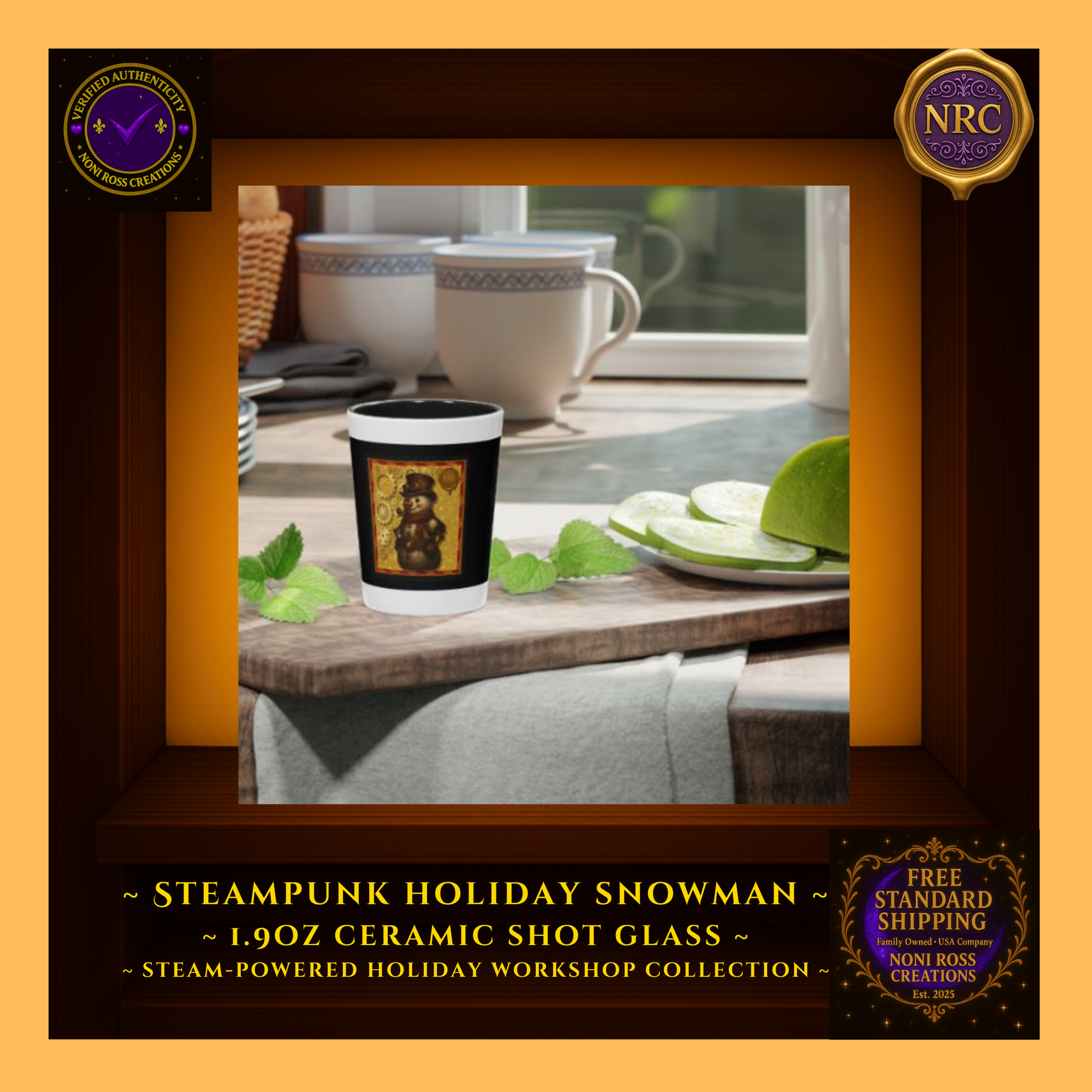 Snowman steampunk shot glass on a holiday bar tray with ornaments and twinkle lights—cheerful party scene.