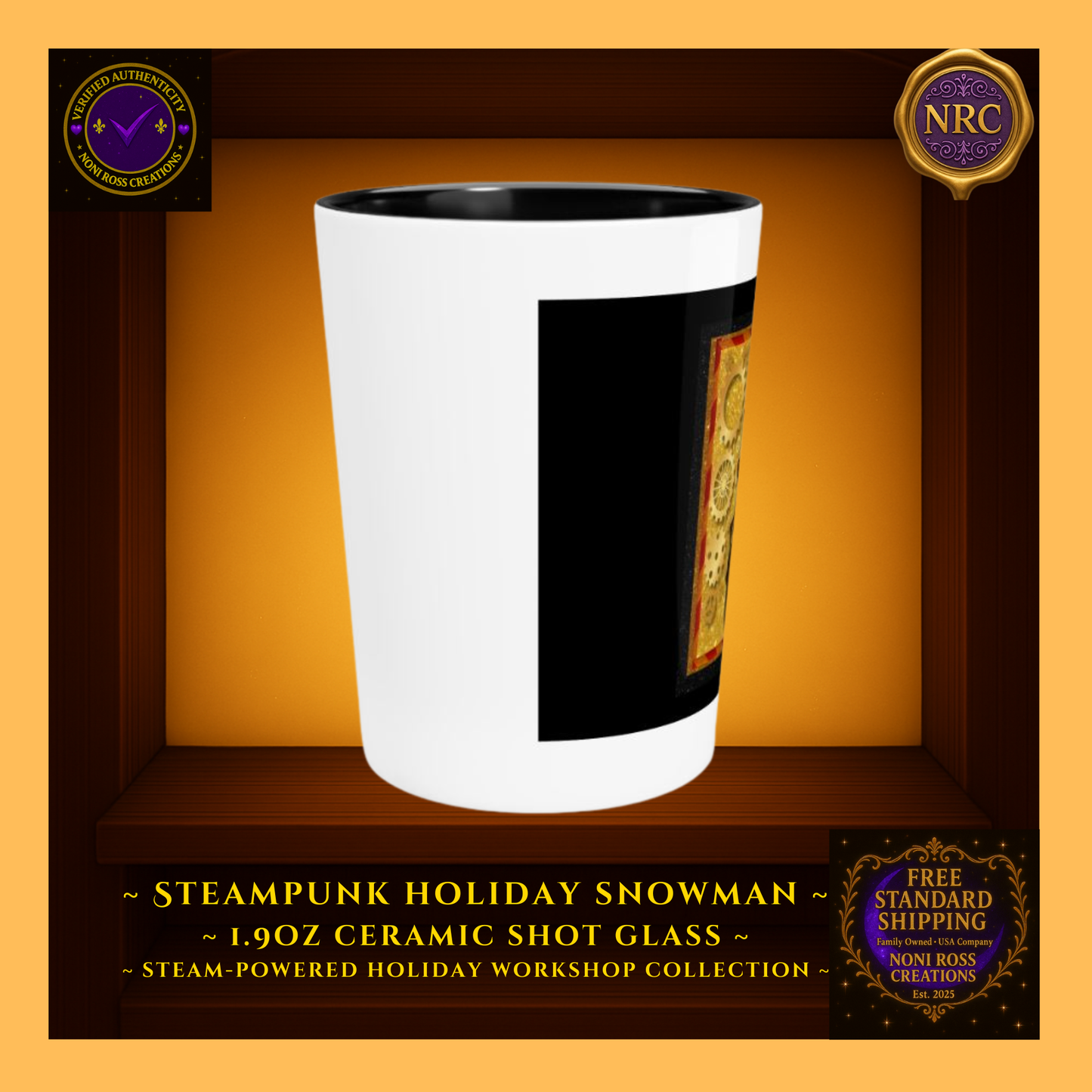 Left-side view of Snowman ceramic shot glass showing wrap artwork edge and brass cog motif on glossy finish.